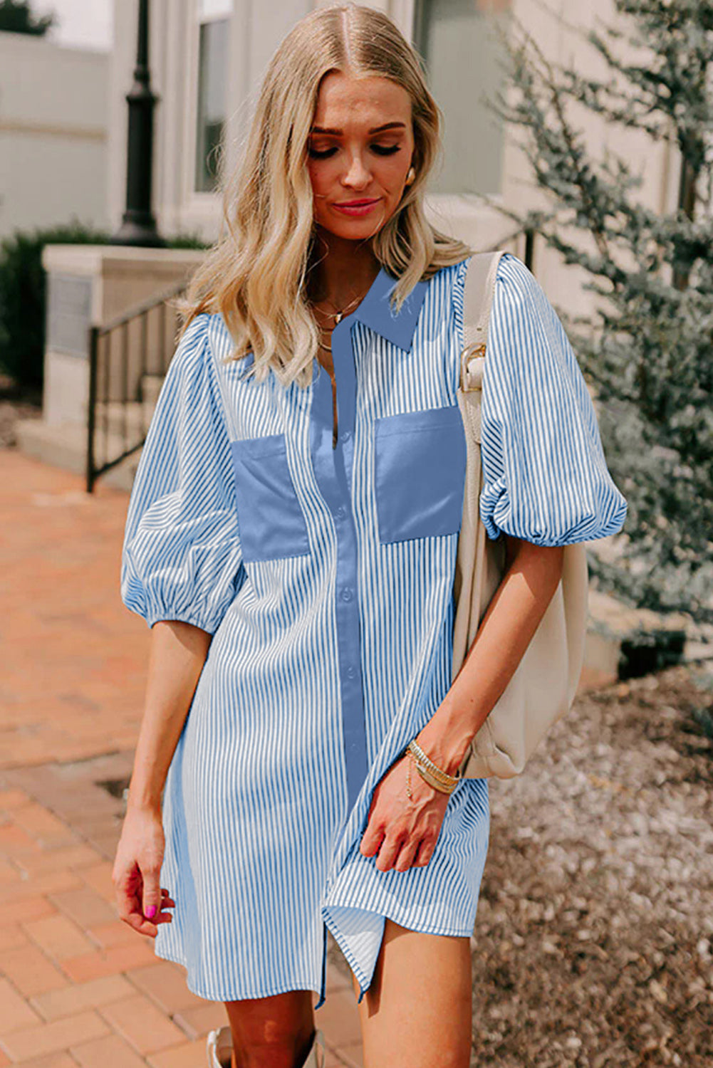 Rose Stripe Color Block Patchwork Shirt Collar Button Down Puff Sleeve Mini Dress
