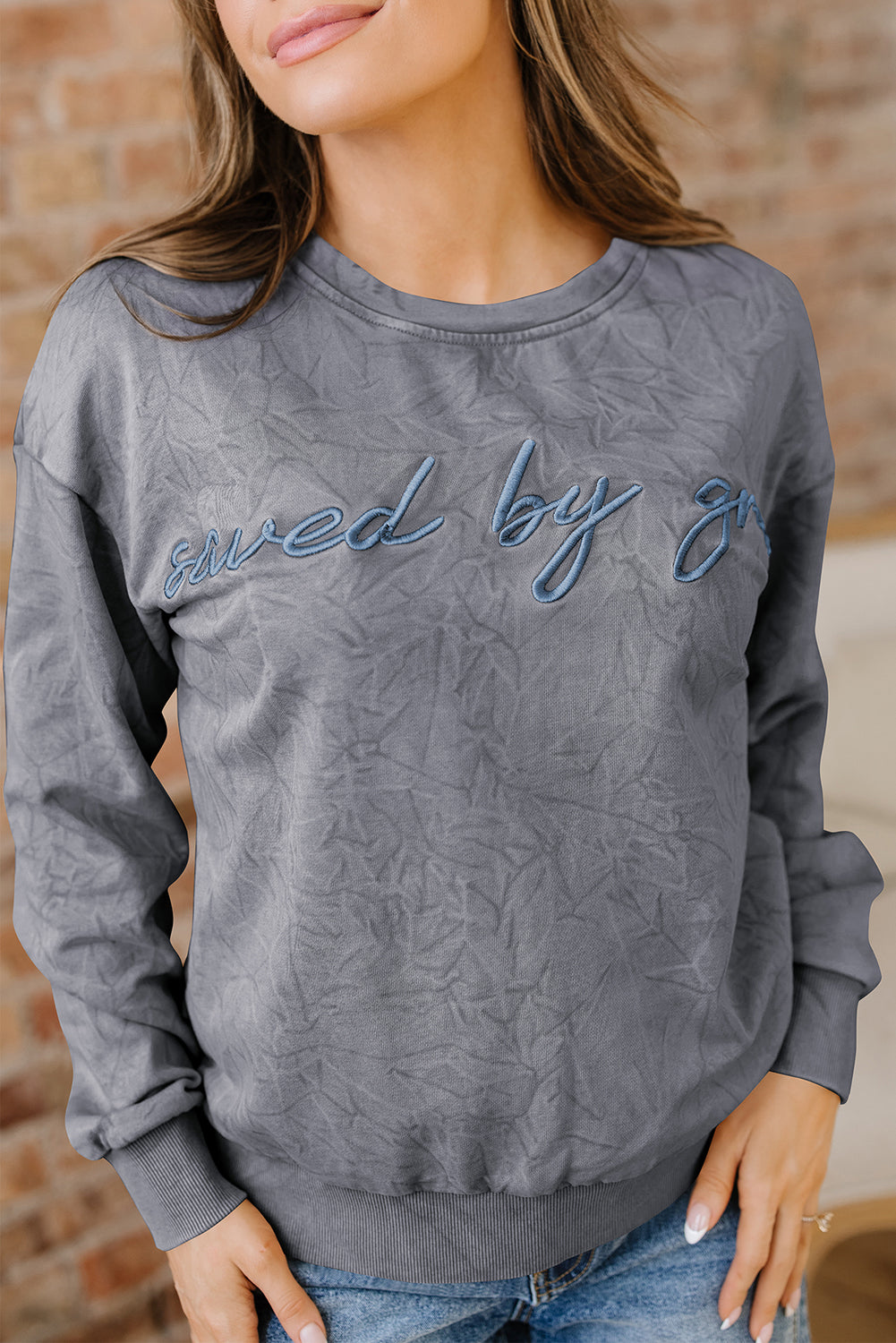 DUNE saved by grace Letter Embroidery Mineral Wash Loose Sweatshirt