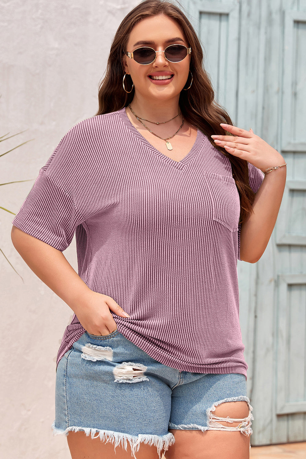 Light Grey Textured V-Neck Dropped Shoulder Plus T-Shirt