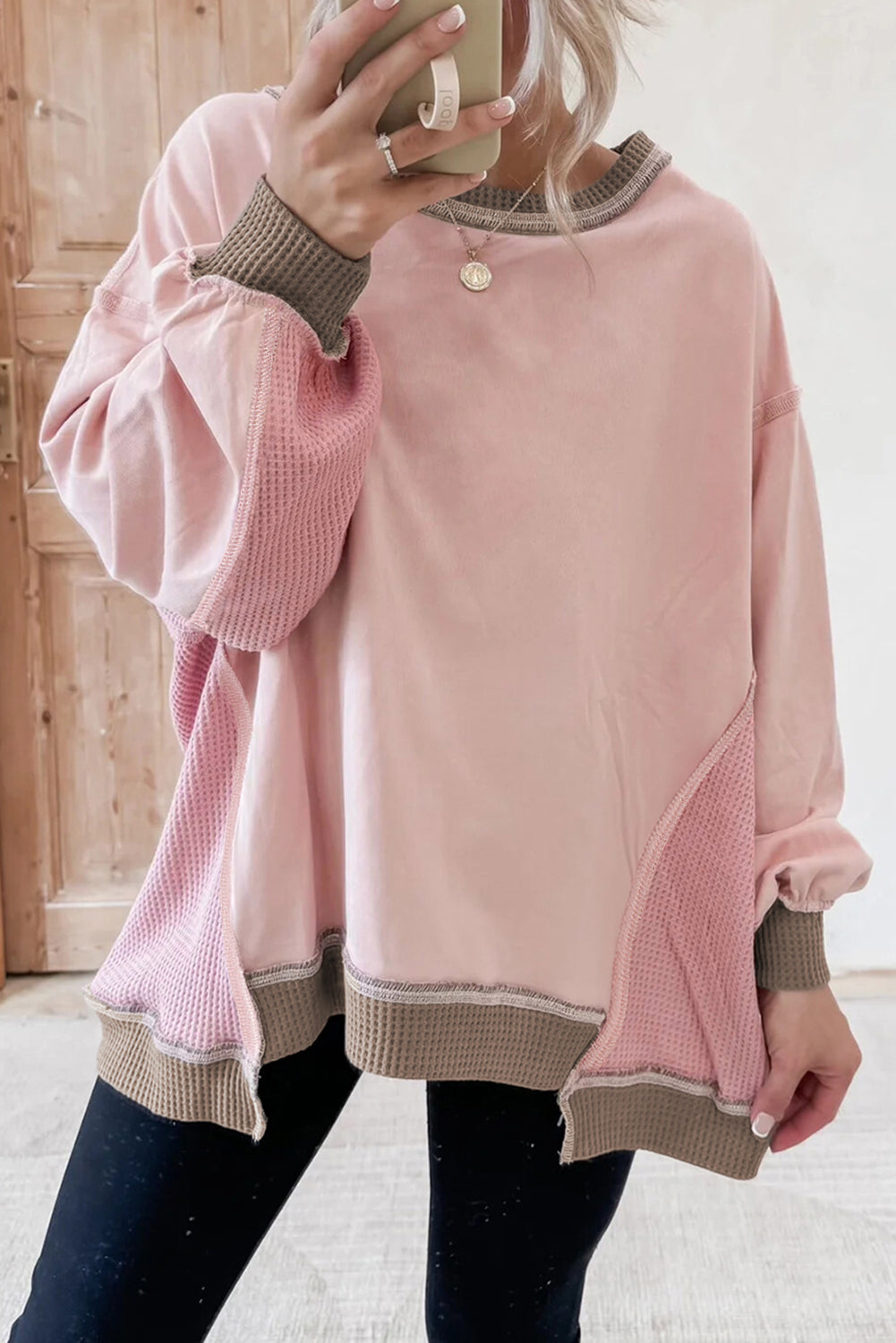 Wild Wind Color Block Mix Texture Waffle Patchwork Oversize Sweatshirt