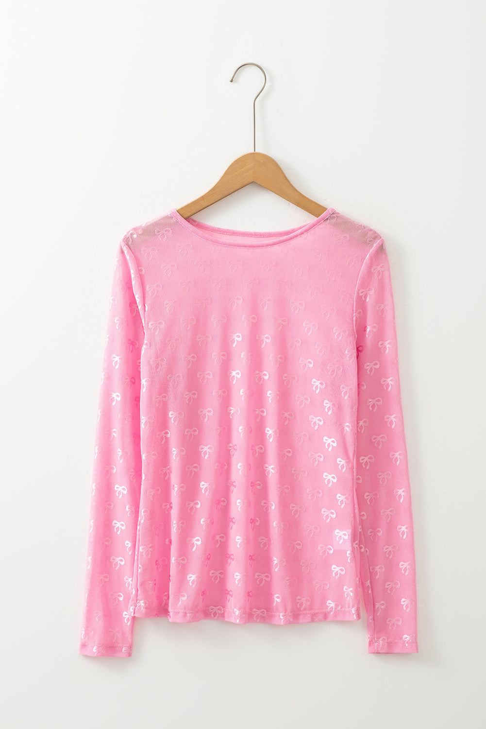 Pink Mesh Bow Pattern Long Sleeve Top