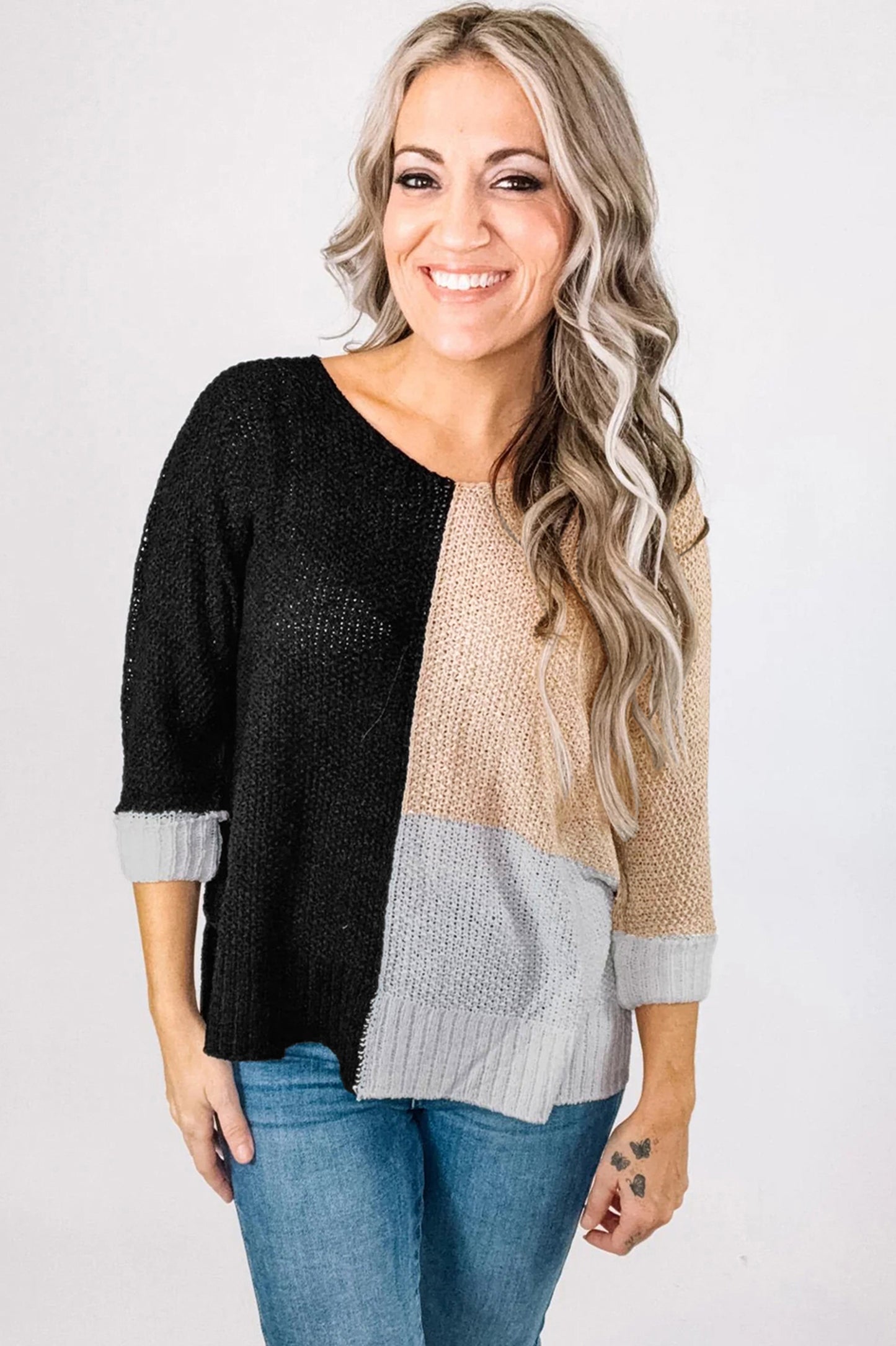 Chestnut Color Block Knit V Neck Loose Sweater
