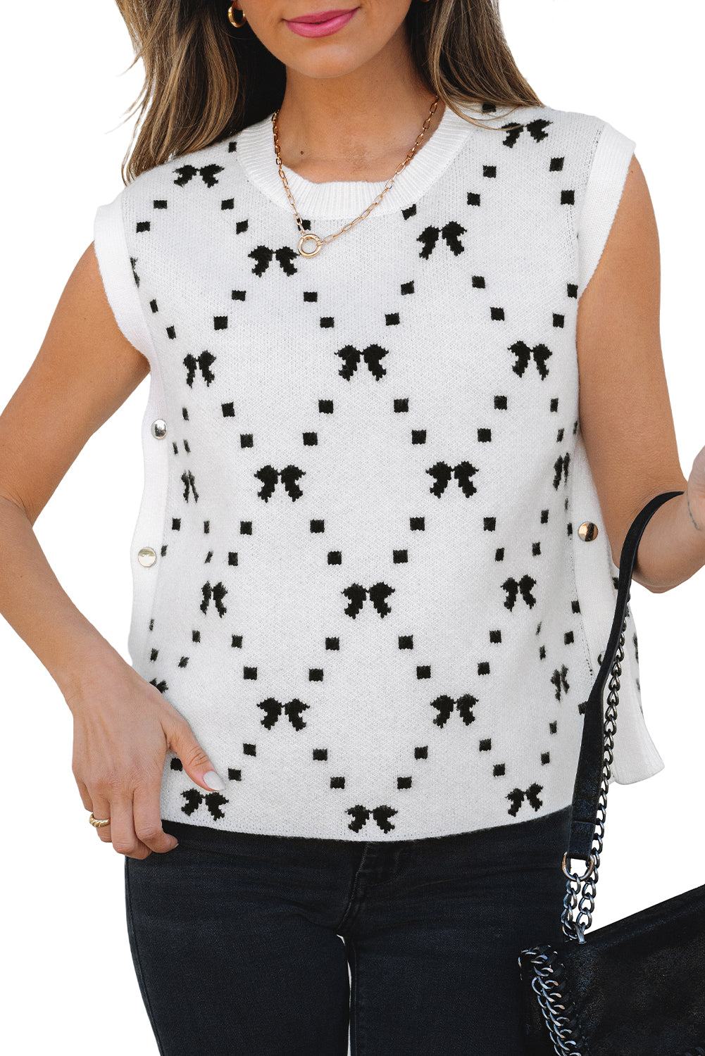 White Bow Pattern Buttoned Side Cropped Sweater Vest