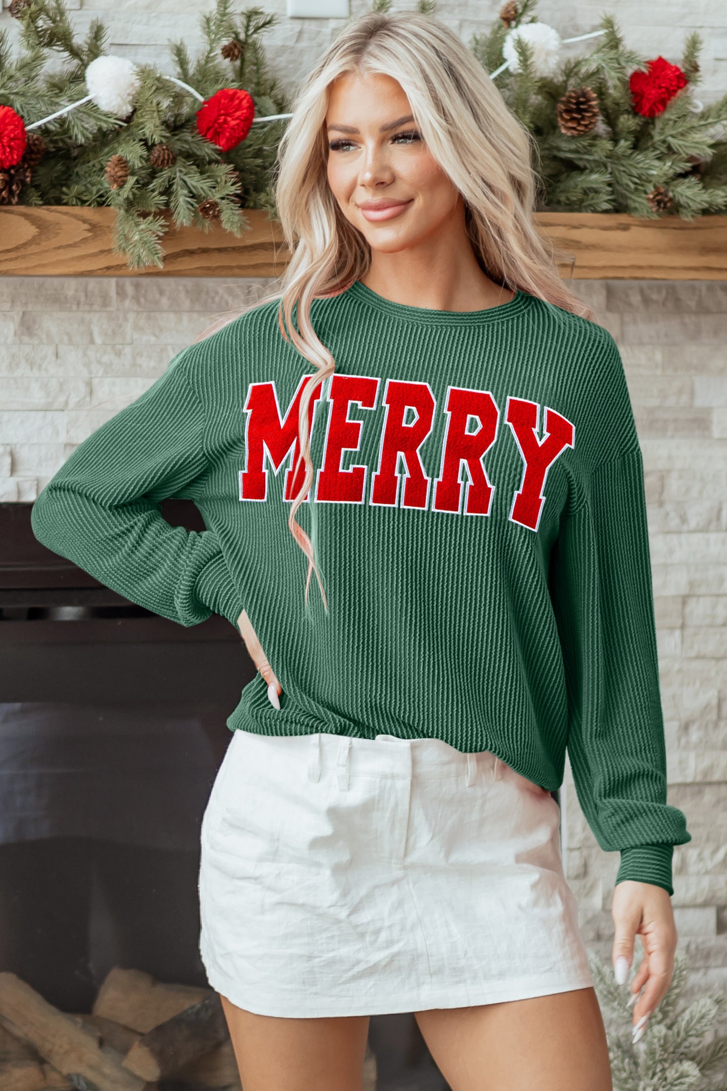 Blackish Green Twisted Rib Outlined Merry Letter Graphic Loose Long Sleeve Top