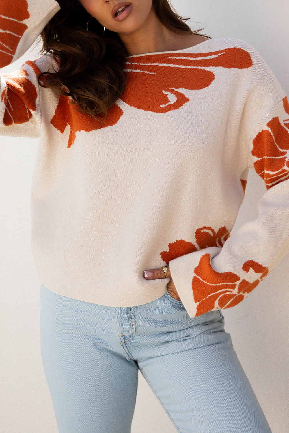 Green Bold Flower Pattern Wide Sleeve Baggy Sweater