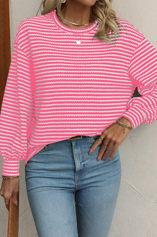 Striped Round Neck Drop Shoulder Long Sleeve Top