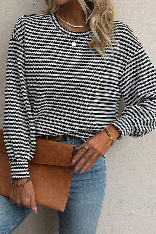 Striped Round Neck Drop Shoulder Long Sleeve Top