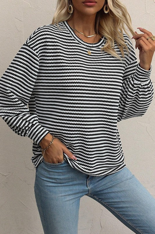 Striped Round Neck Drop Shoulder Long Sleeve Top