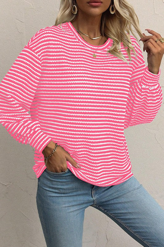 Striped Round Neck Drop Shoulder Long Sleeve Top