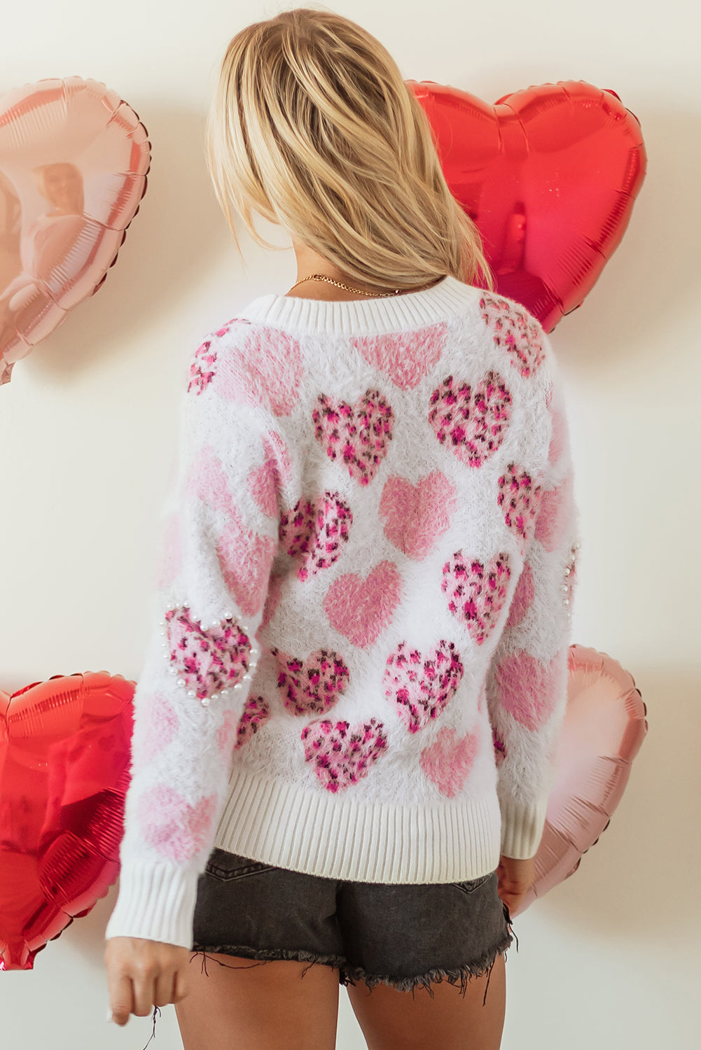 Pink Heart Leopard Print Pearled Ribbed Trim Fuzzy Sweater