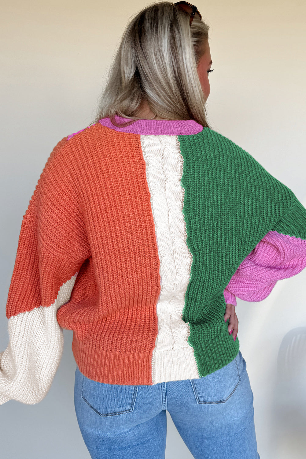 Desert Gold Color Block Textured Knit Drop Shoulder Loose Fit Sweater