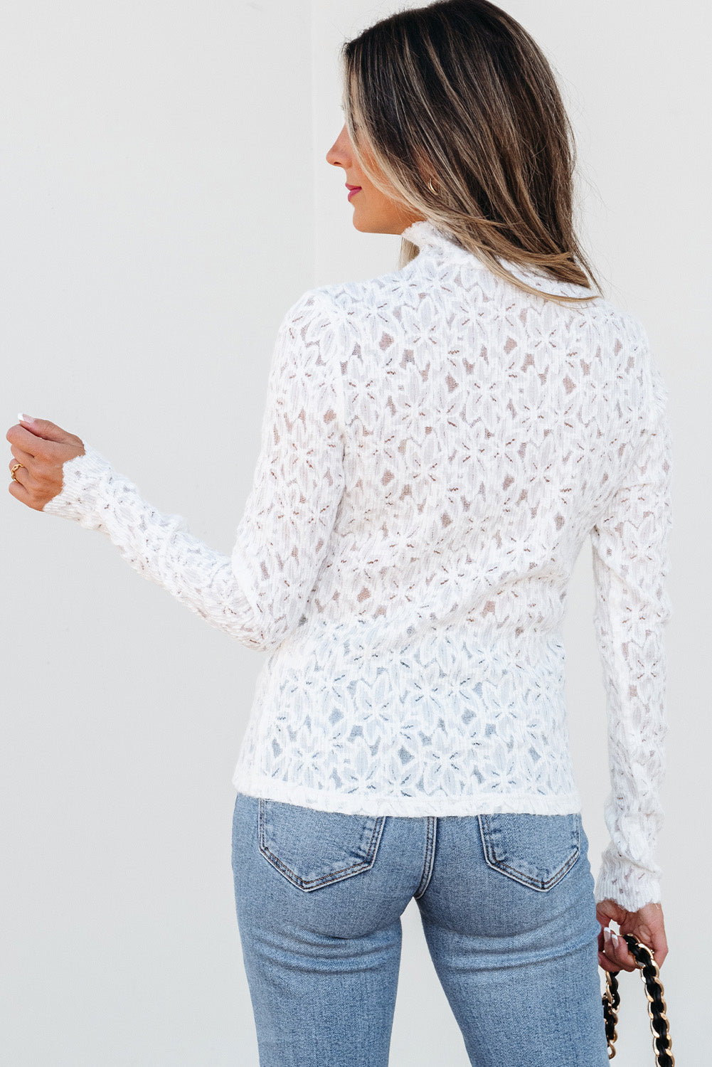 White Flower Lace See Through Mock Neck Long Sleeve Top