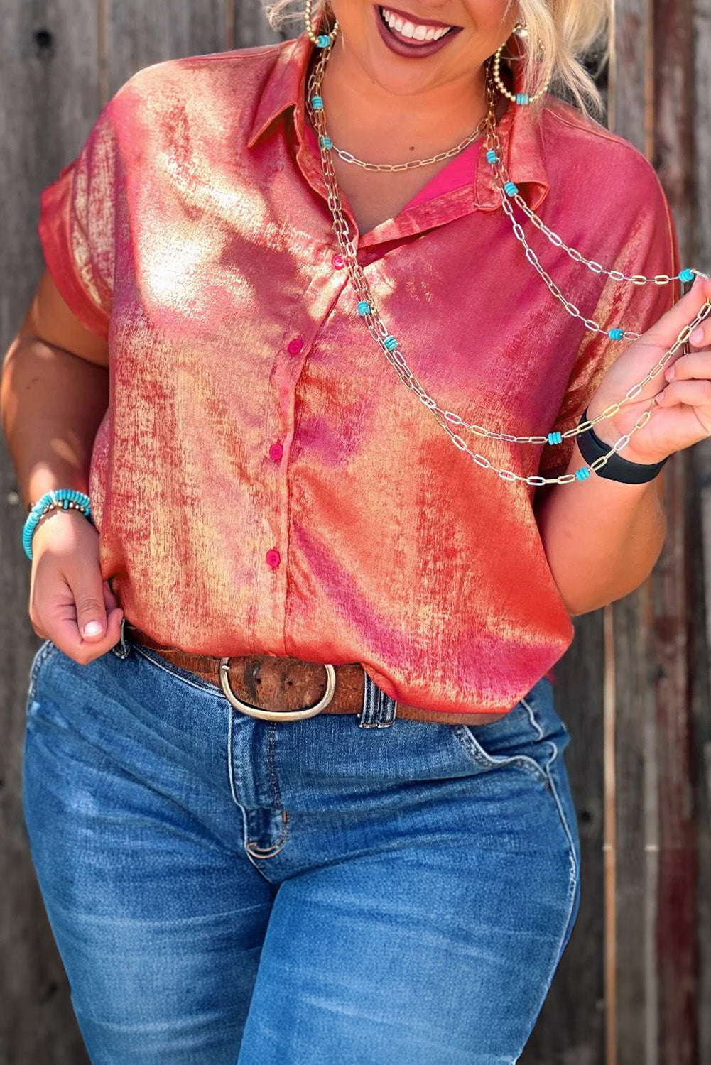 Rose Red Plus Size Metallic Sheen Short Sleeve Button Up Shirt