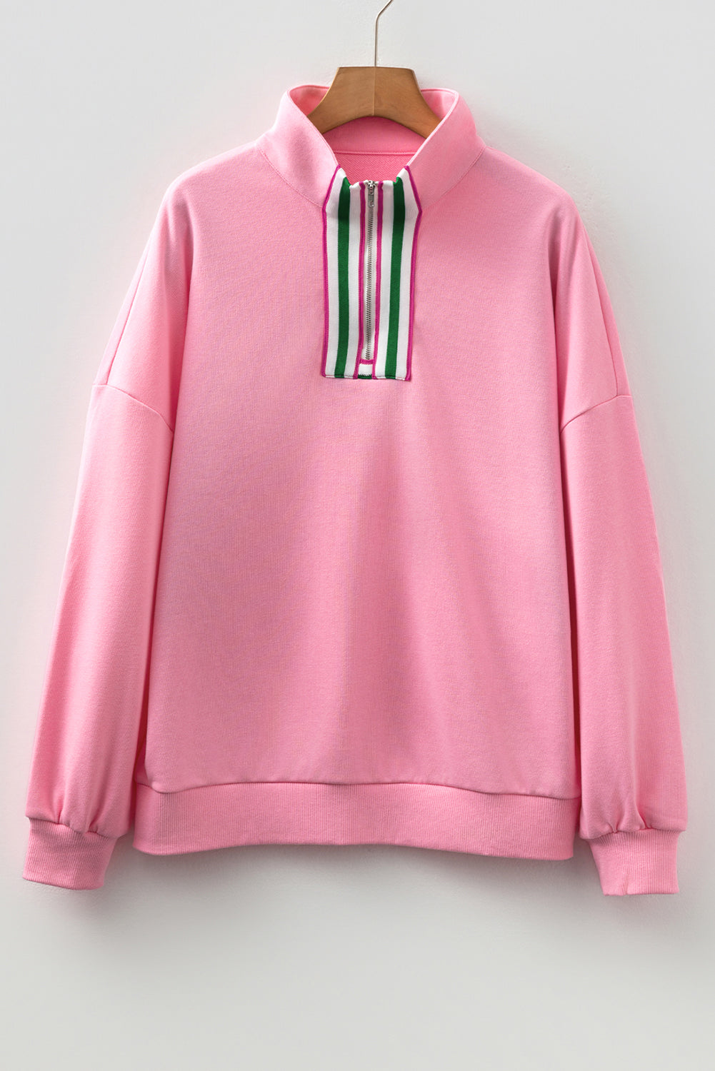 Light Grey Contrast Striped Patchwork Zip Collar Pullover Sweatshirt