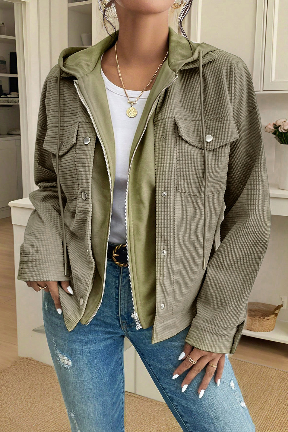 Beige 2 in 1 Thermal Knit Textured Hooded Jacket