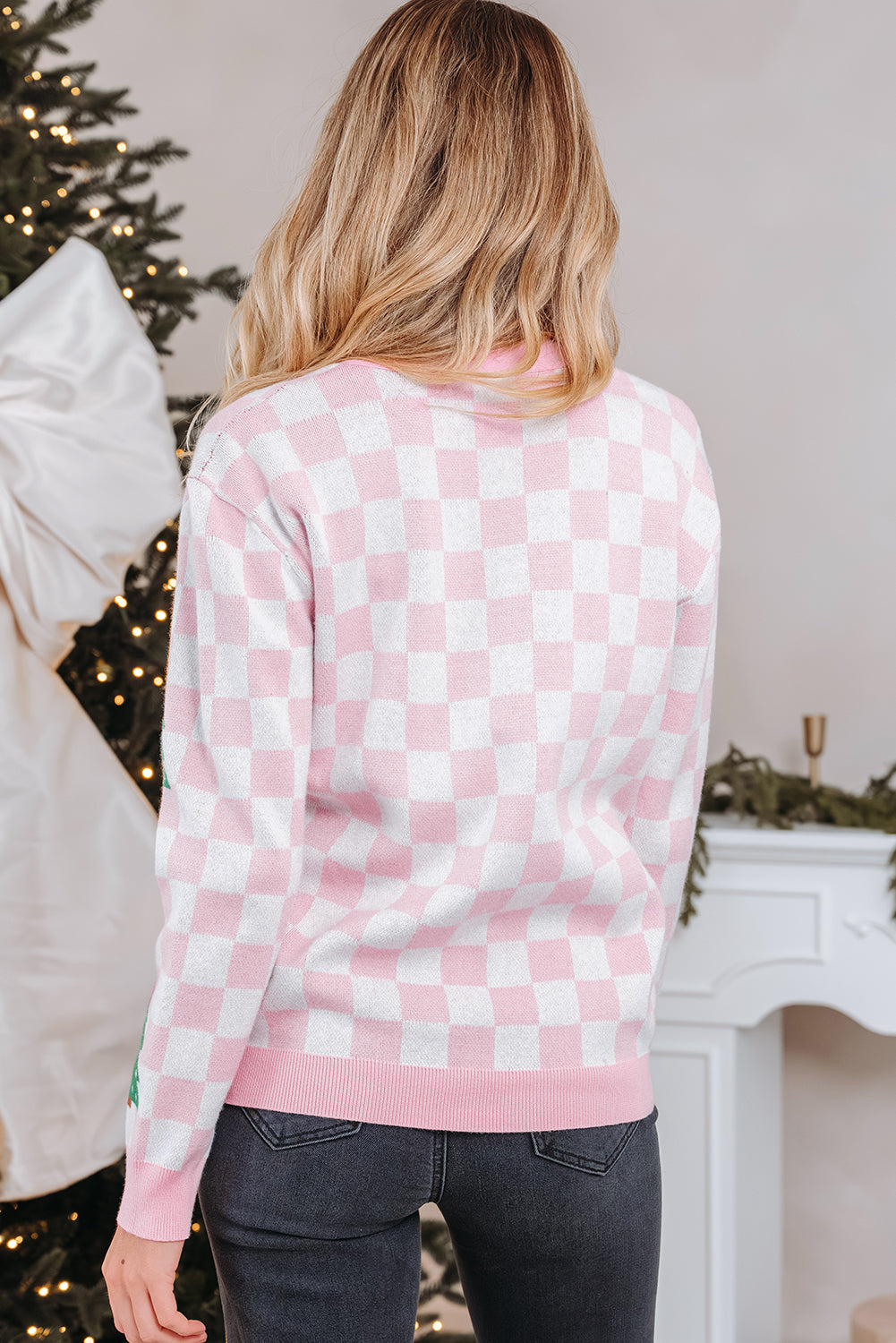 Red Checkered Christmas Tree Pattern Button V Neck Cardigan Sweater