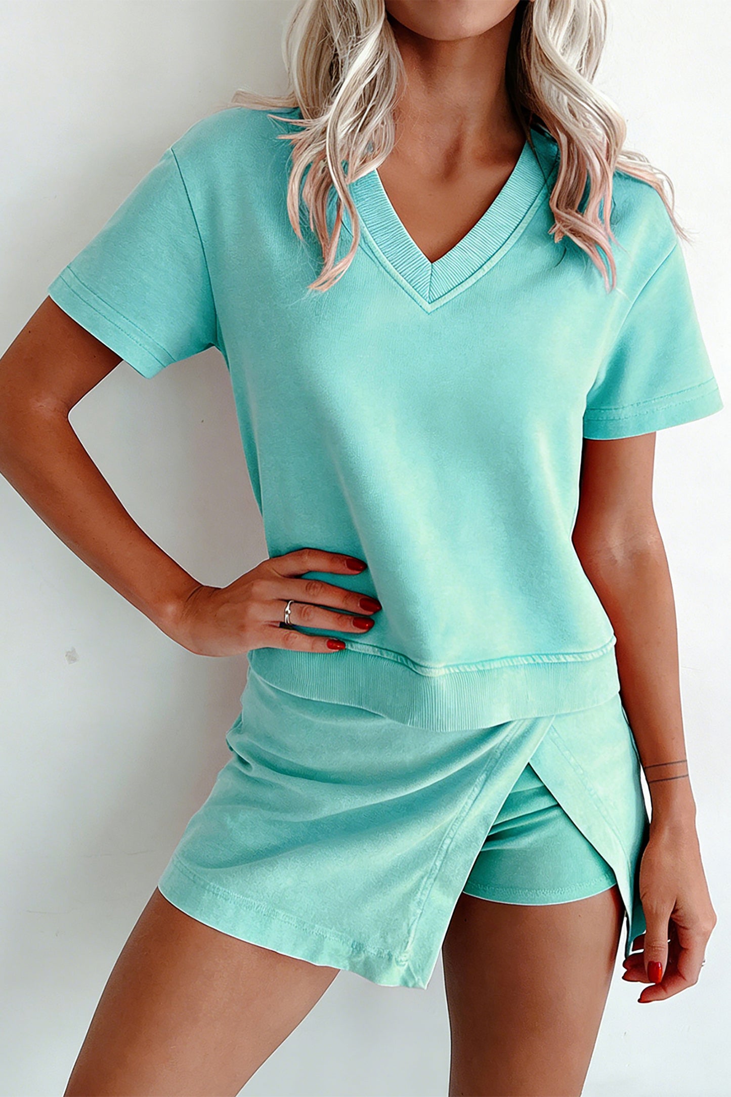 Light Pink Mineral Wash V Neck Tee Matching Skort Set