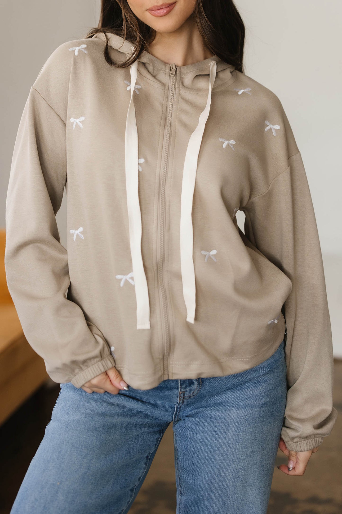 Goat Contrast Bow Embroidered Zip Up Jacket Hoodie