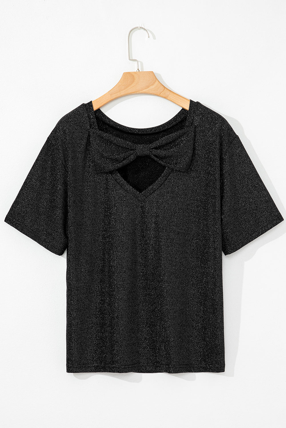 Black Bow Decor Glittery Short Sleeve Top