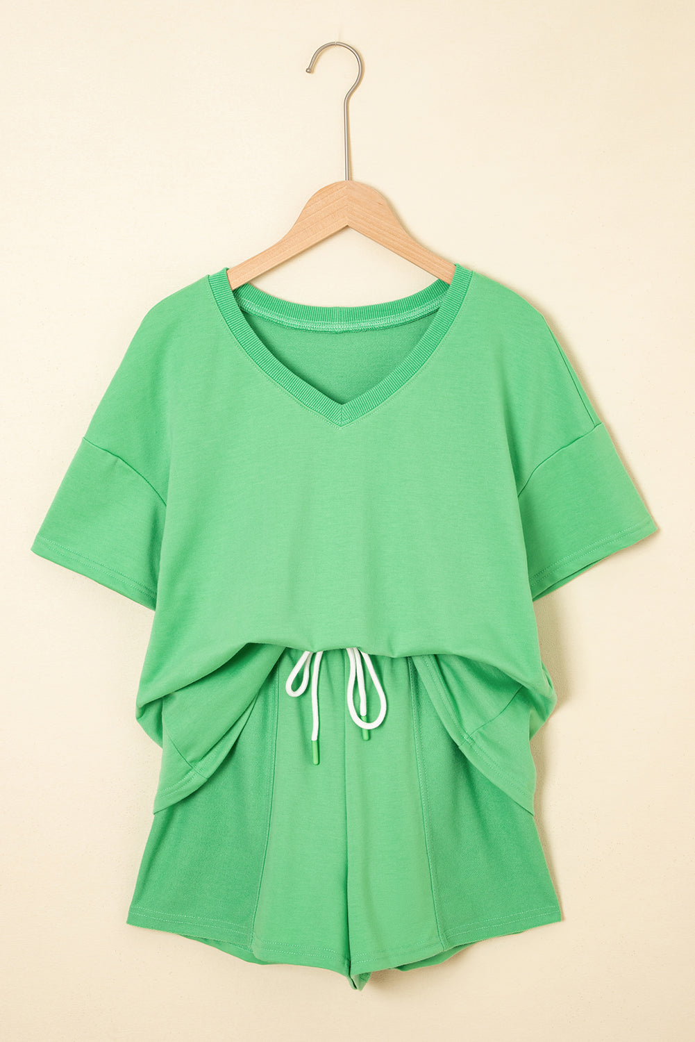 Mint Green V Neck Drop Shoulder Tee and Patchwork Drawstring Shorts Set