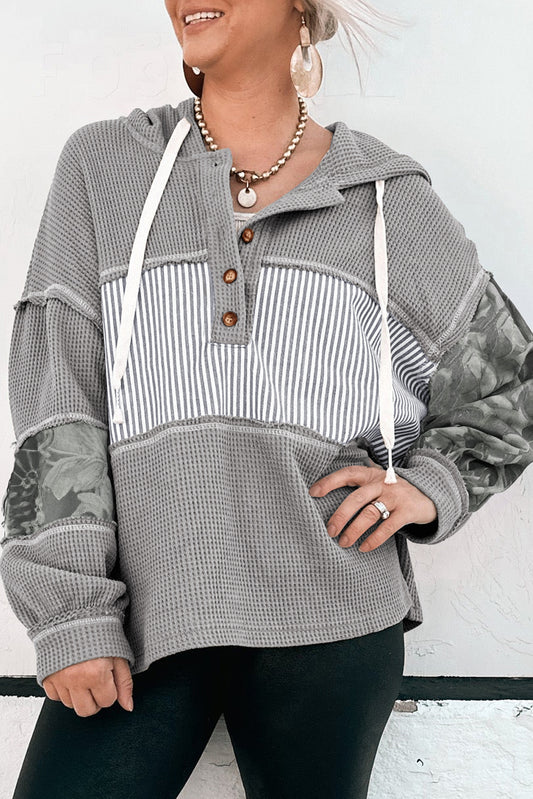 White Waffle Printed Patchwork Drawstring Hooded Long Sleeve Top