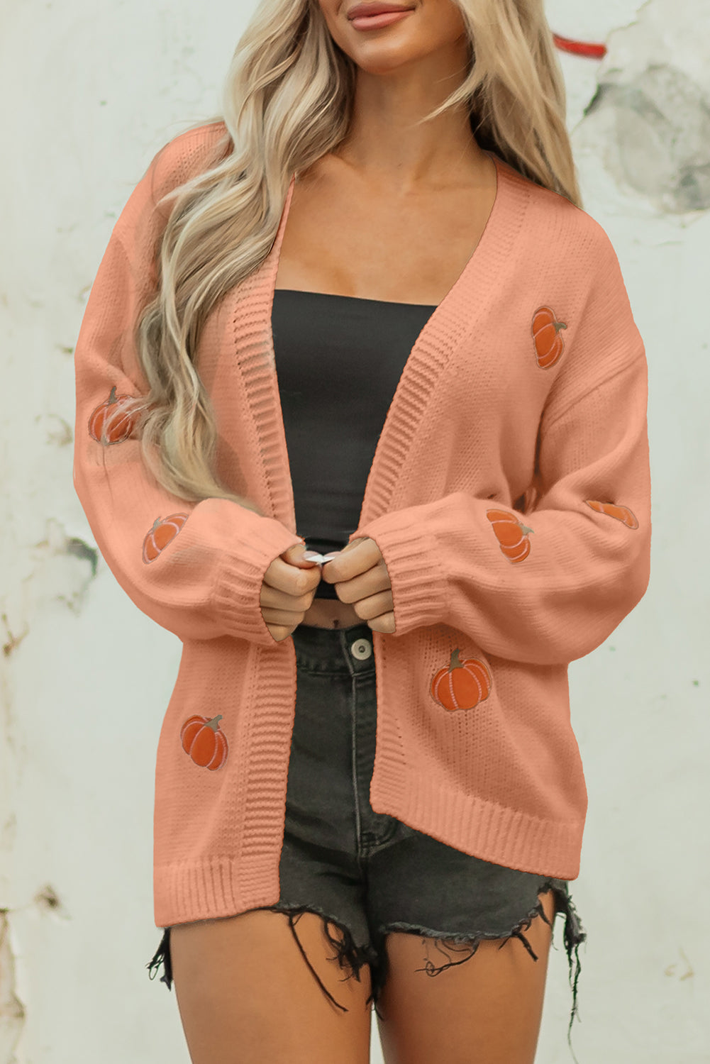 Light Pink Christmas Tree Print Open Front Drop Shoulder Midi Cardigan