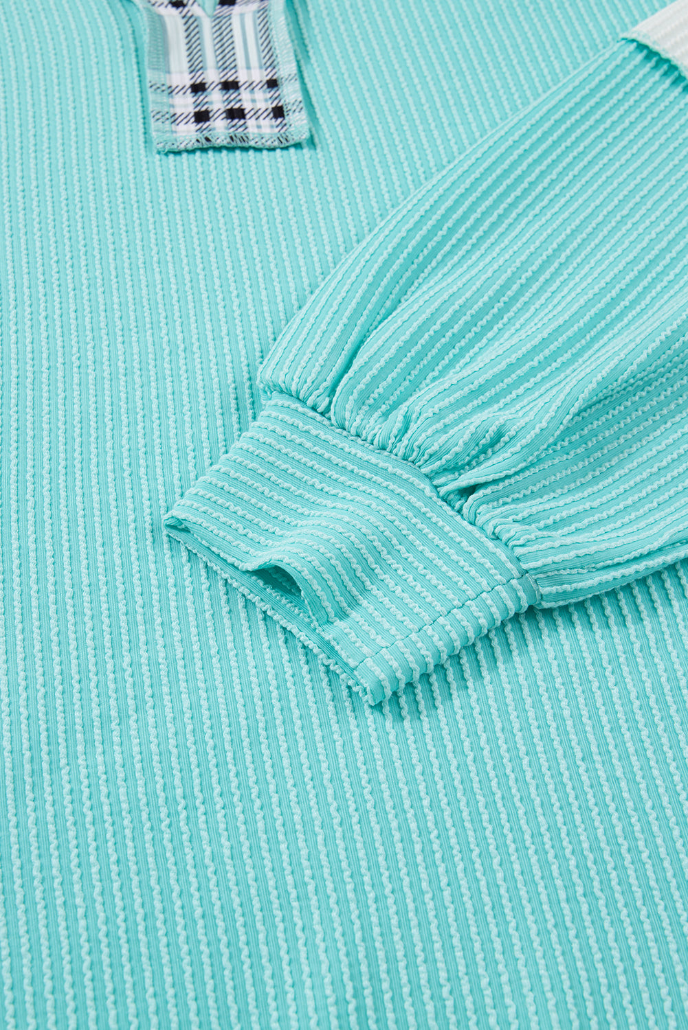 Aruba Blue Twist Ribbed Color Block Plaid Patchwork Plus Size Long Sleeve Top