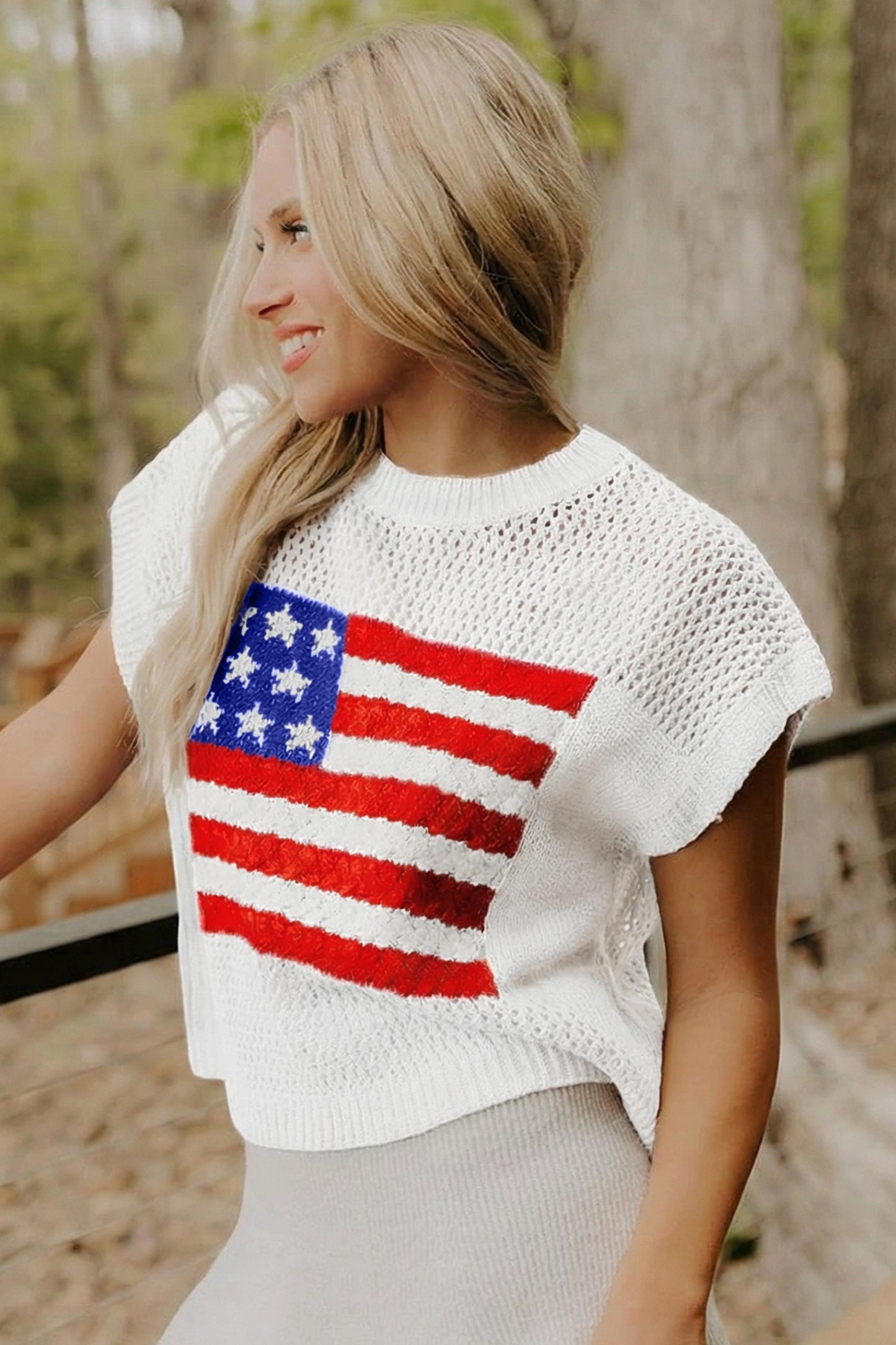 Sky Blue Flag Graphic Short Sleeve Sweater Top