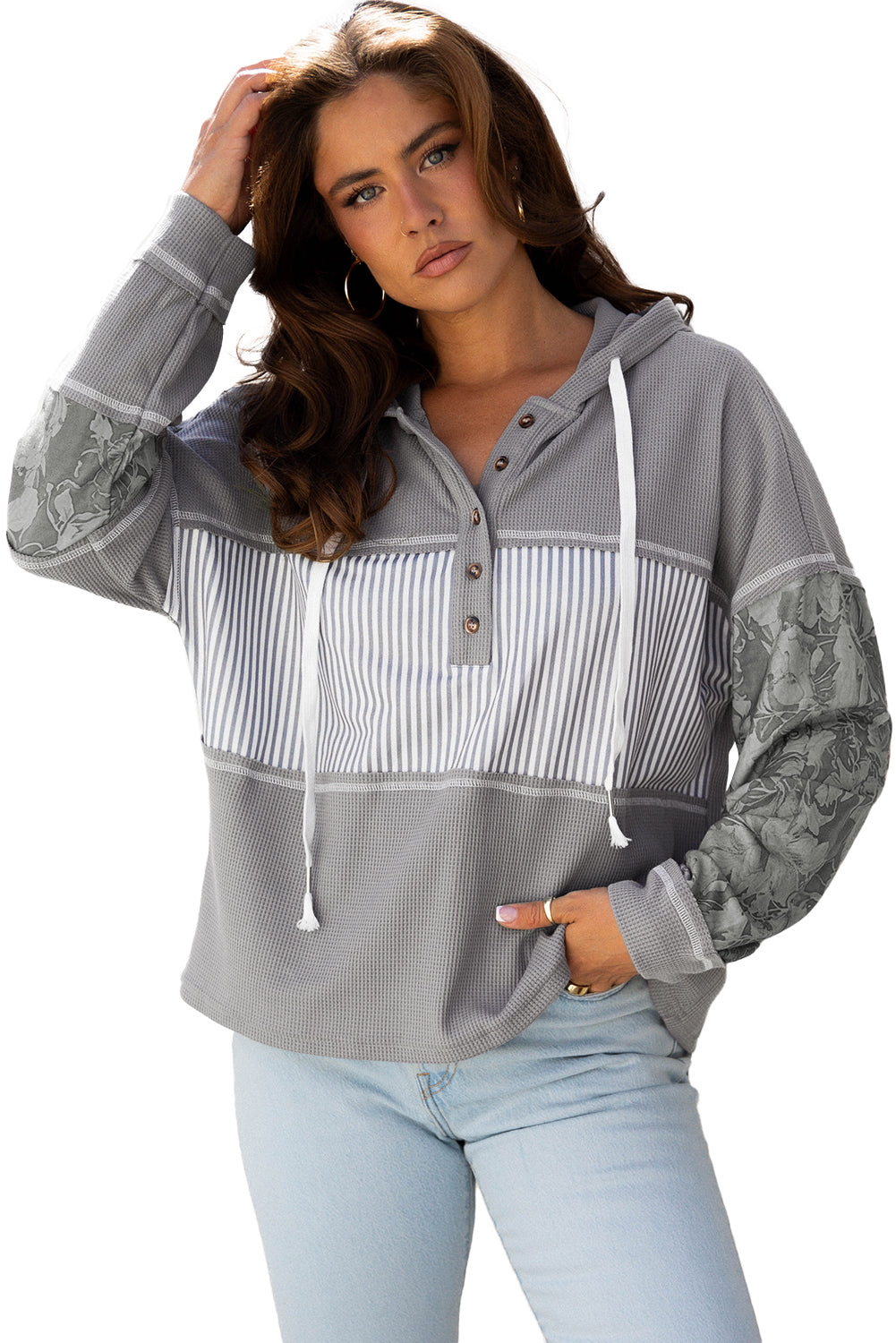 White Waffle Printed Patchwork Drawstring Hooded Long Sleeve Top