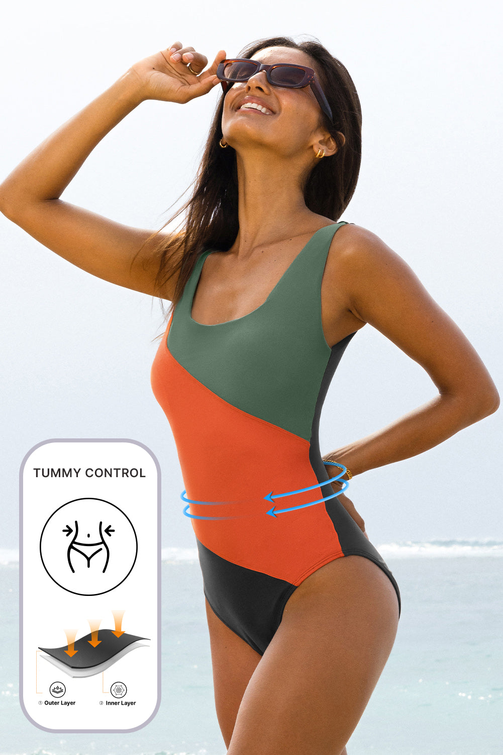 Duffel Green Color Block Padded Square Neck One Piece Swimsuit