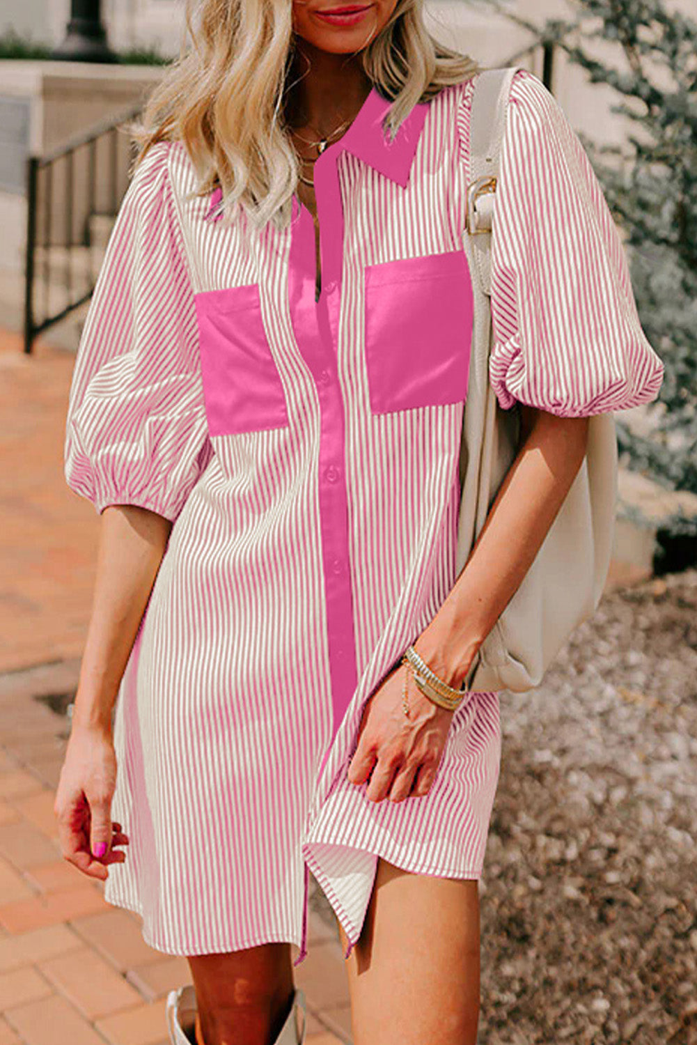 Rose Stripe Color Block Patchwork Shirt Collar Button Down Puff Sleeve Mini Dress