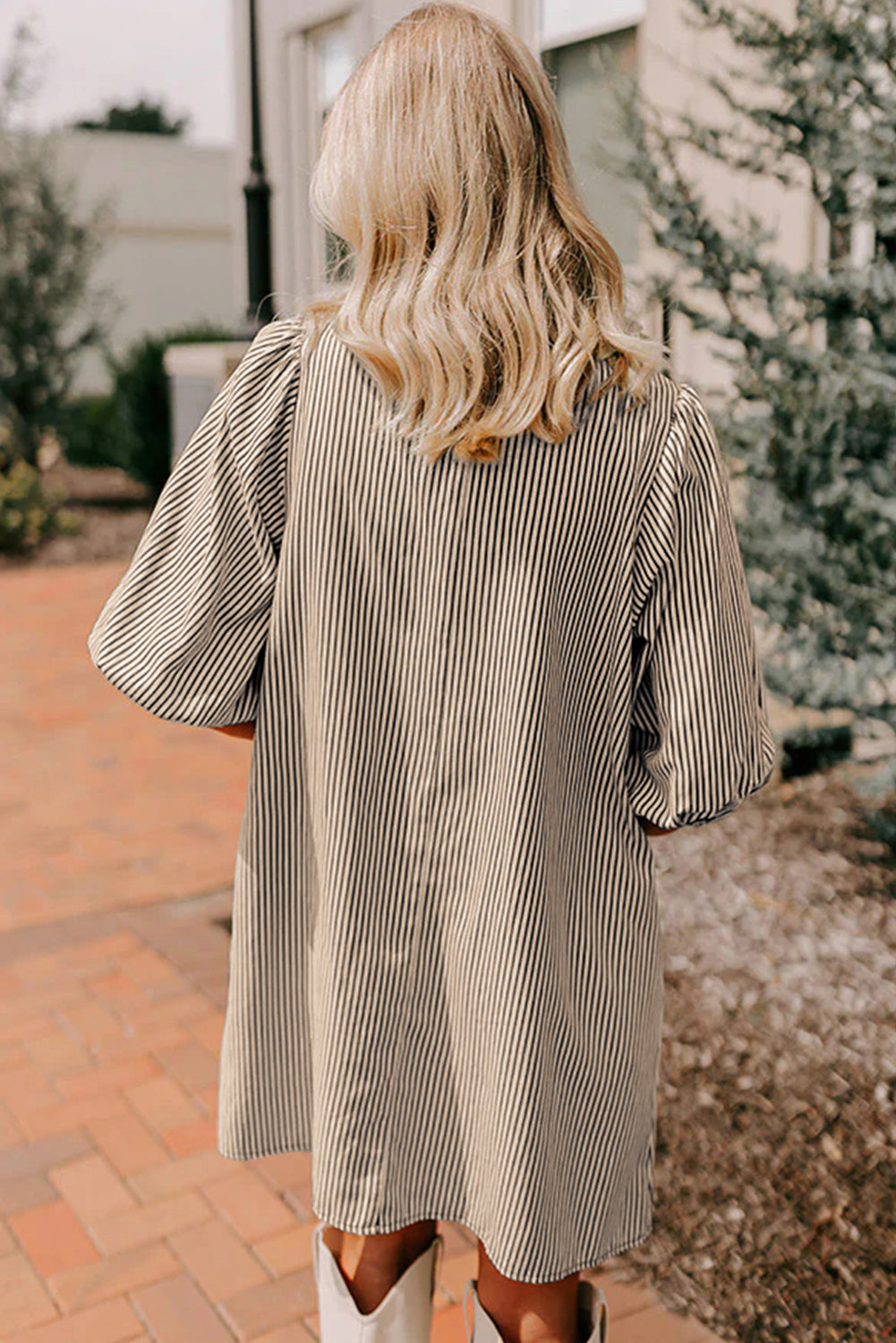 Rose Stripe Color Block Patchwork Shirt Collar Button Down Puff Sleeve Mini Dress