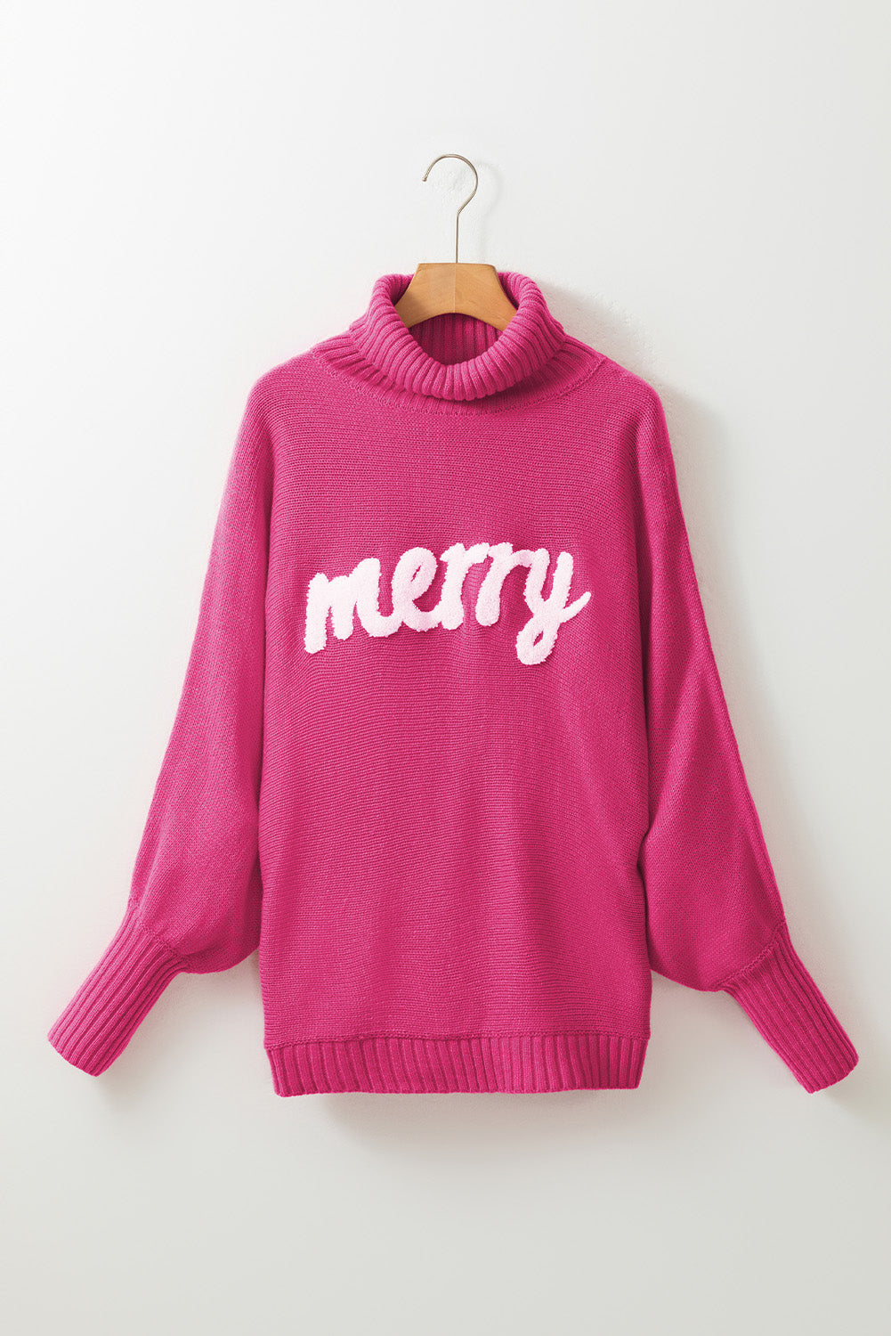 Fiery Red Merry Letter Embroidered High Neck Sweater