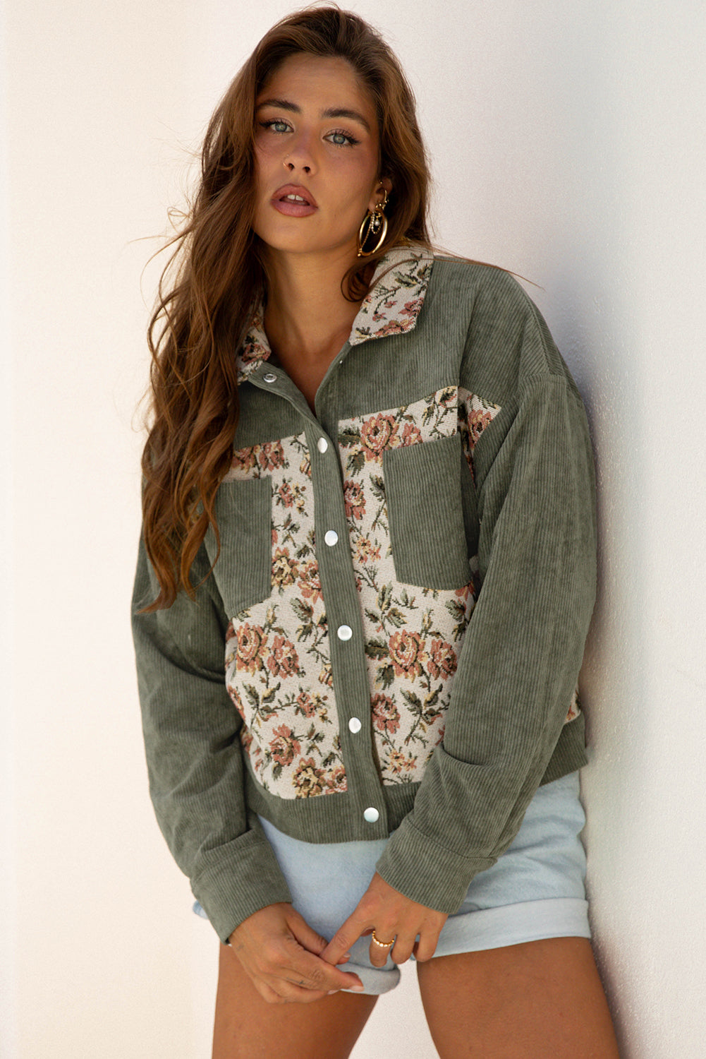 Clay Ribbed Retro Floral Patchwork Shirt Style Jacket