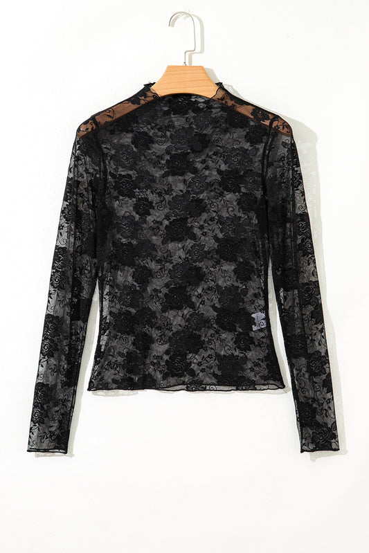 Black Sheer Floral Lace Mesh Mock Neck Long Sleeve Top