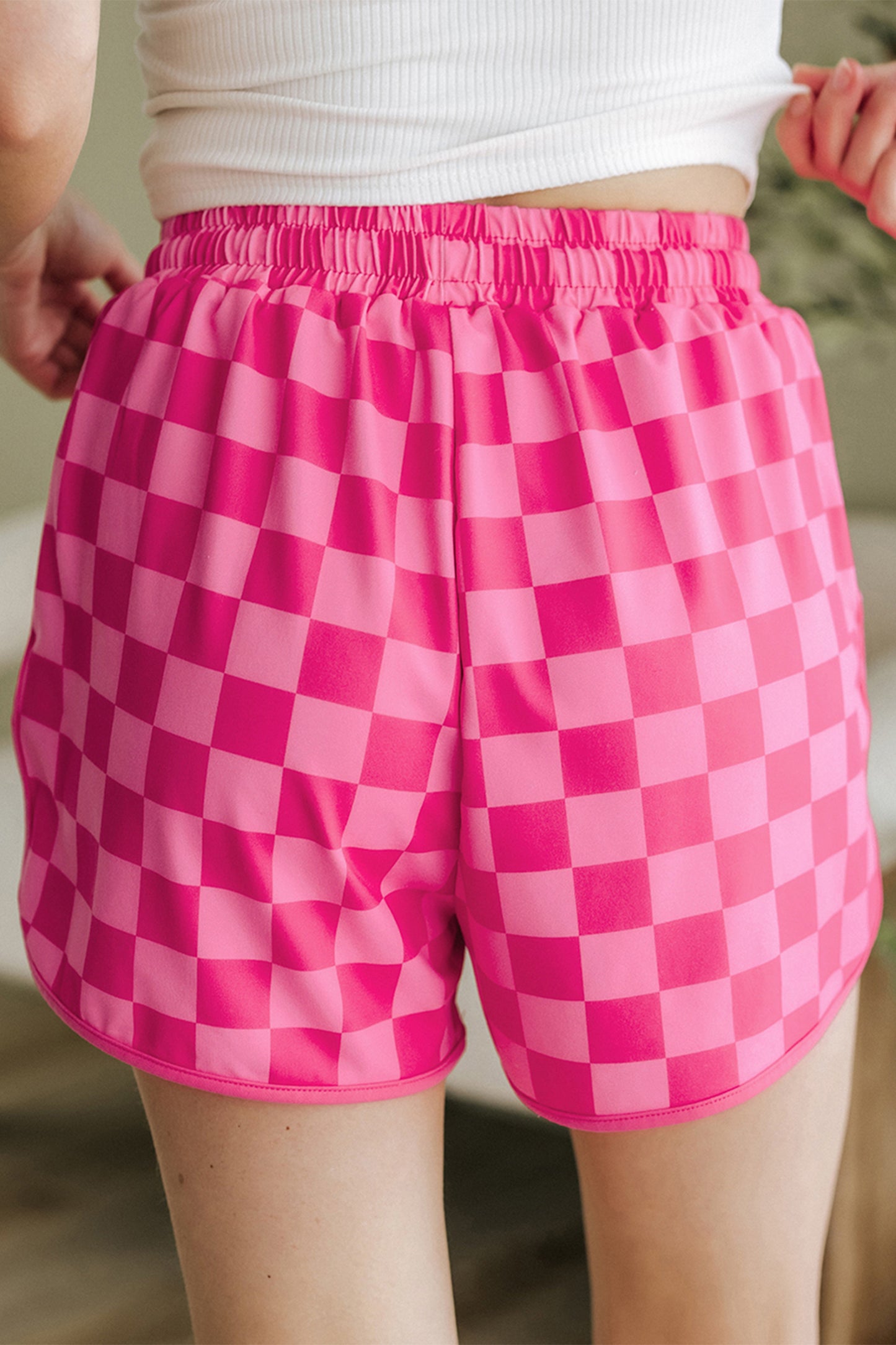 Rose Checkered Drawstring Elastic Waist Casual Shorts