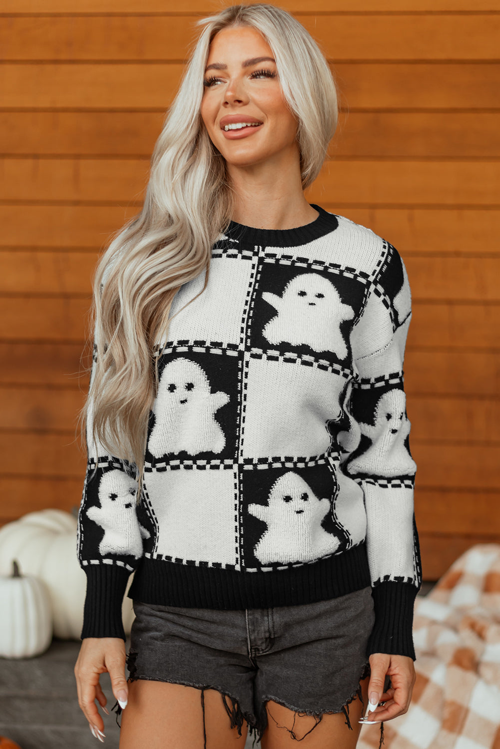 Black Halloween Ghost Checkered Drop Shoulder Sweater