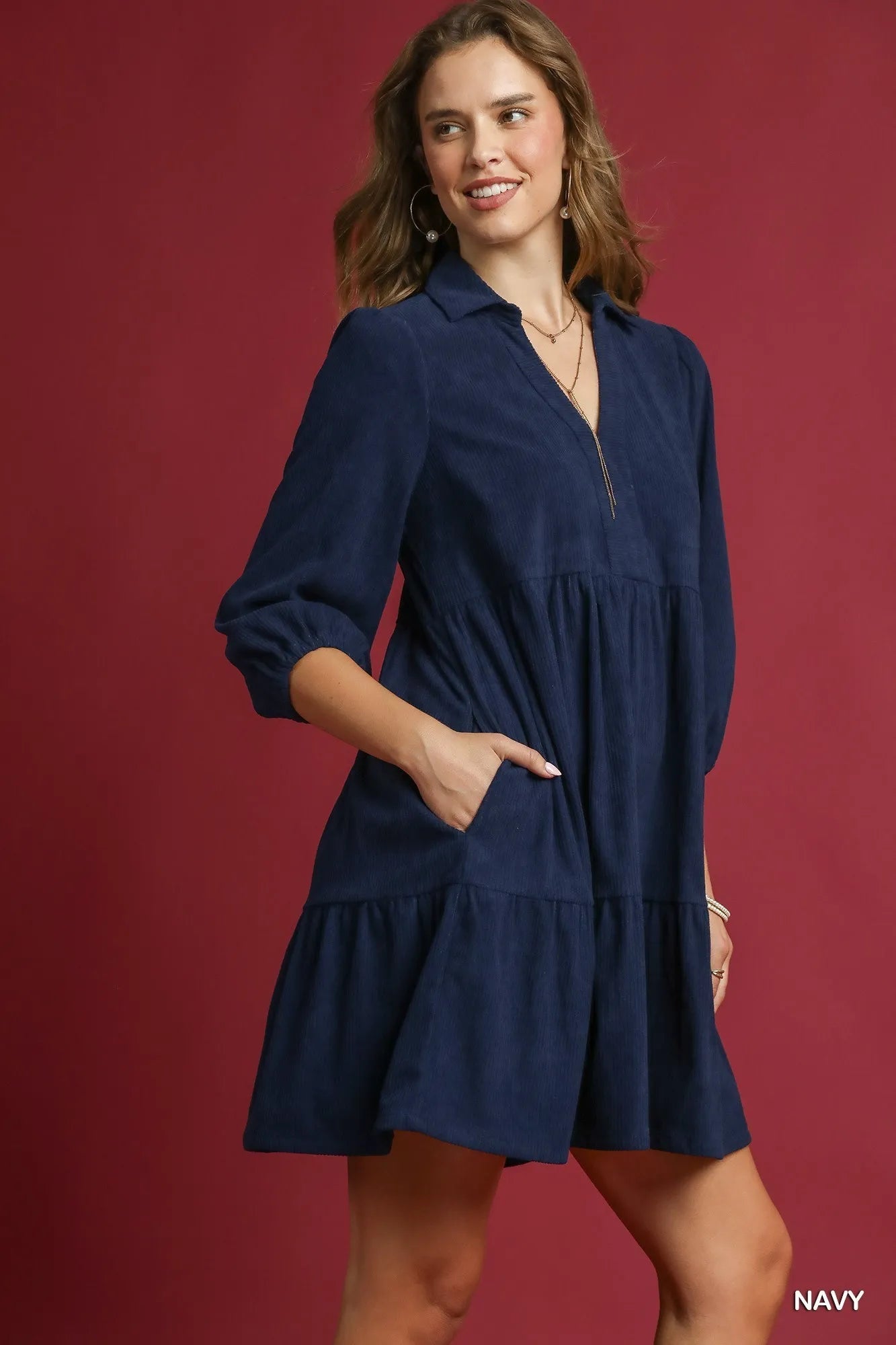 Umgee Tiered Corduroy Mini Dress with Balloon Sleeves