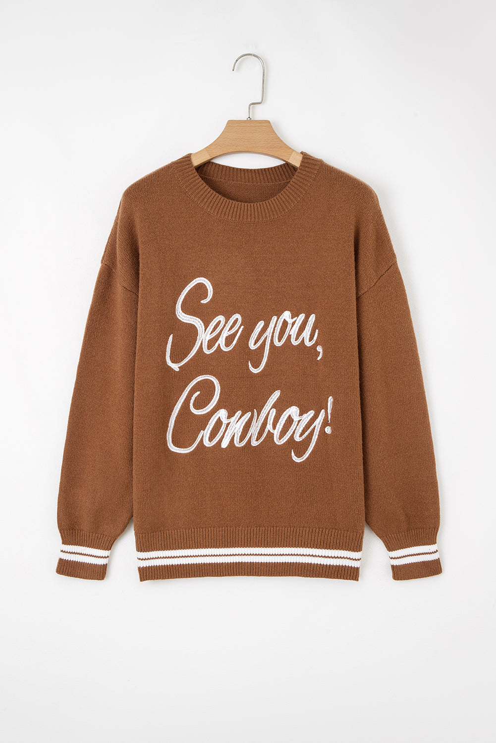 White See You Cowboy Embroidered Western Graphic Sweater