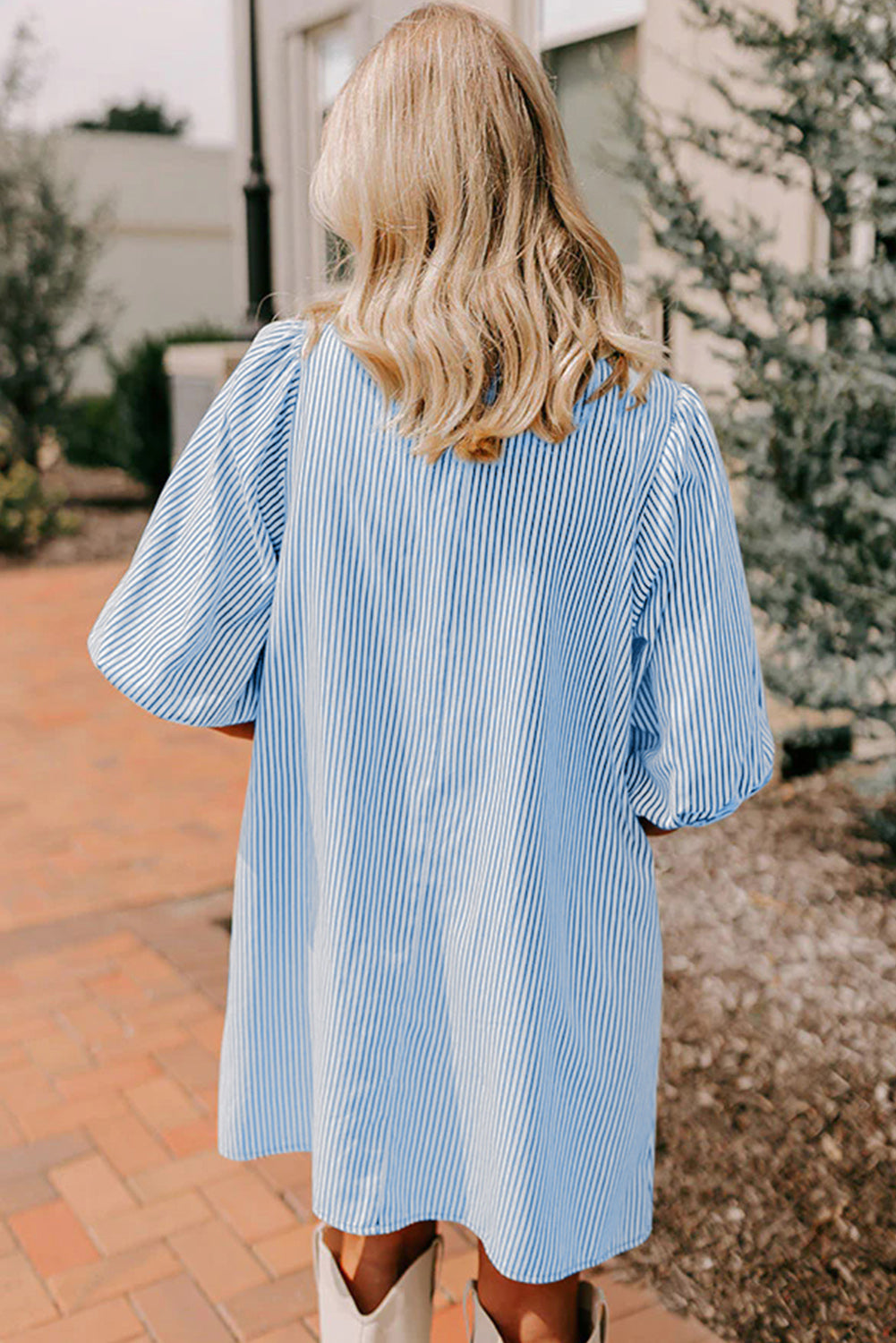 Rose Stripe Color Block Patchwork Shirt Collar Button Down Puff Sleeve Mini Dress
