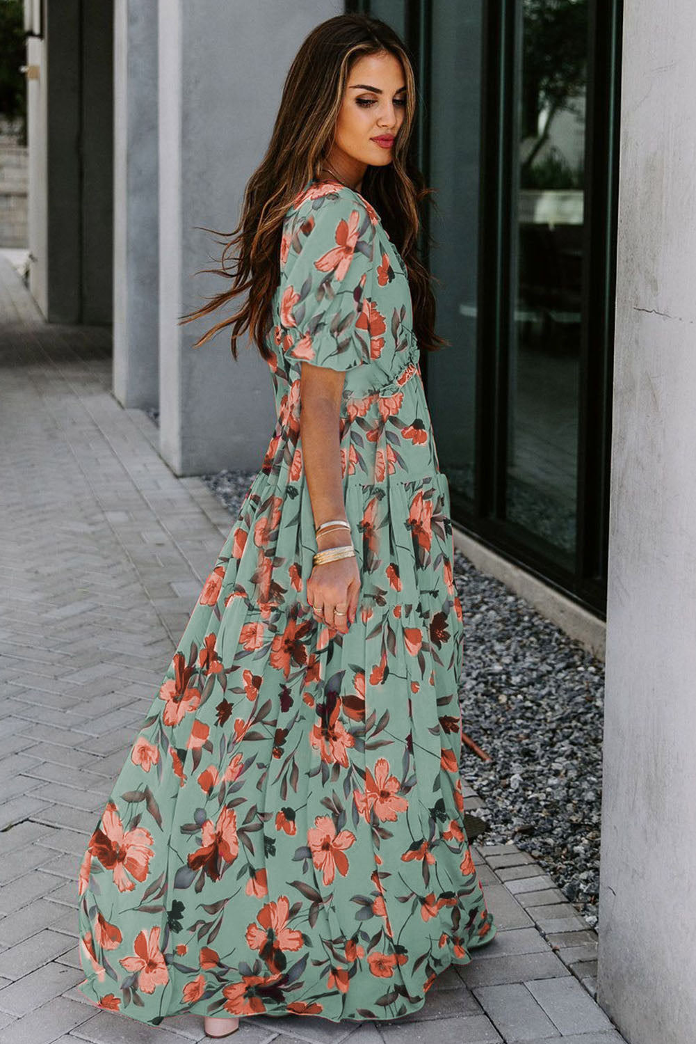 Multicolor Fiery Floral Print Frilled V Neck Short Sleeve Maxi Dress