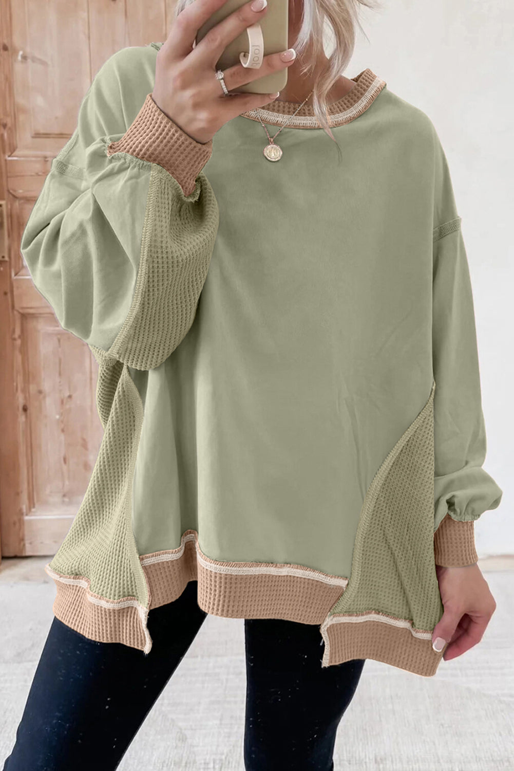 Wild Wind Color Block Mix Texture Waffle Patchwork Oversize Sweatshirt