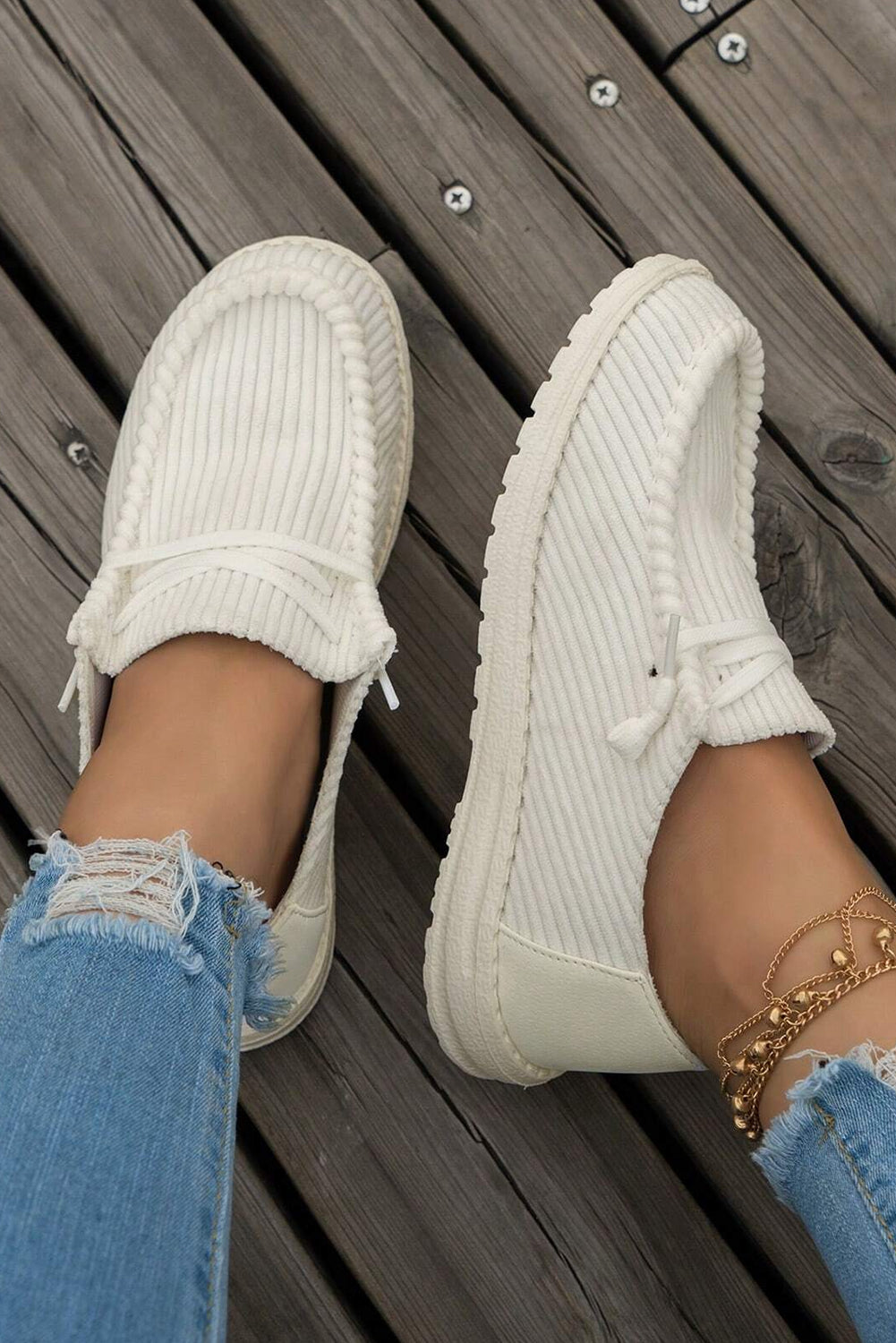 White Solid Ribbed Criss Cross Slip On Casual Shoes