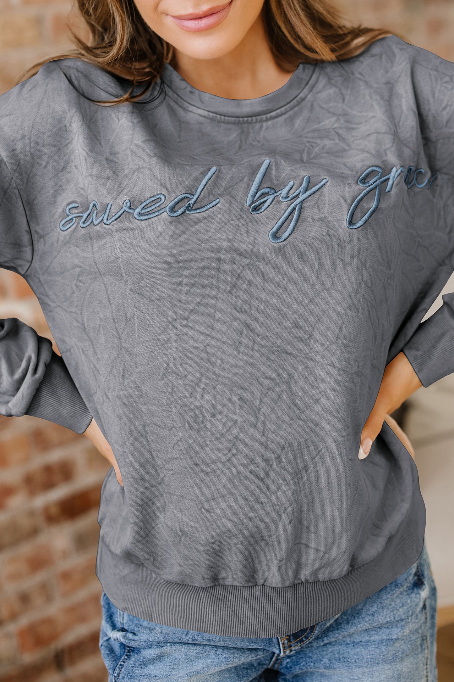 DUNE saved by grace Letter Embroidery Mineral Wash Loose Sweatshirt