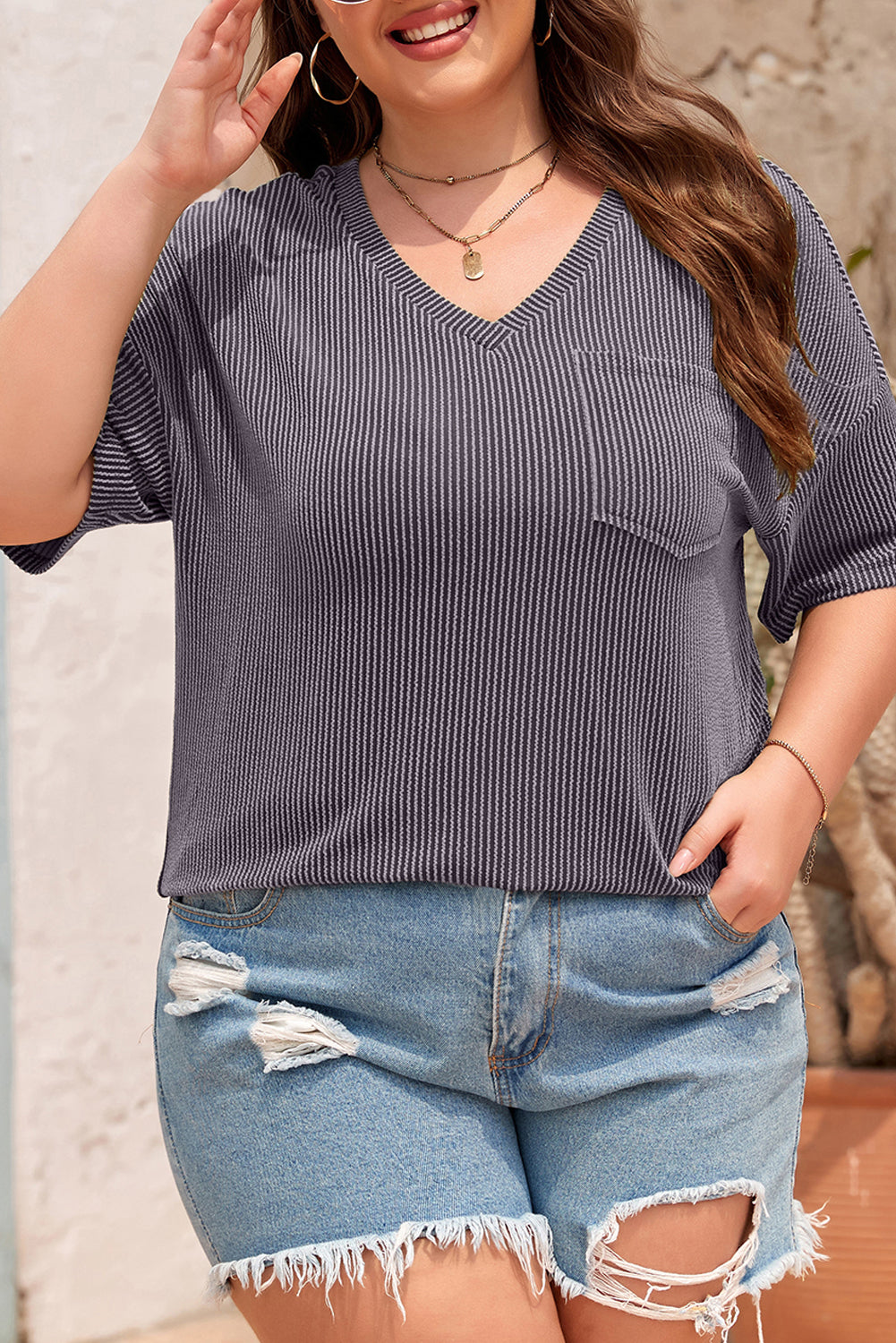 Light Grey Textured V-Neck Dropped Shoulder Plus T-Shirt