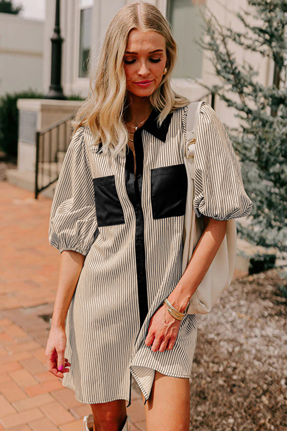 Rose Stripe Color Block Patchwork Shirt Collar Button Down Puff Sleeve Mini Dress