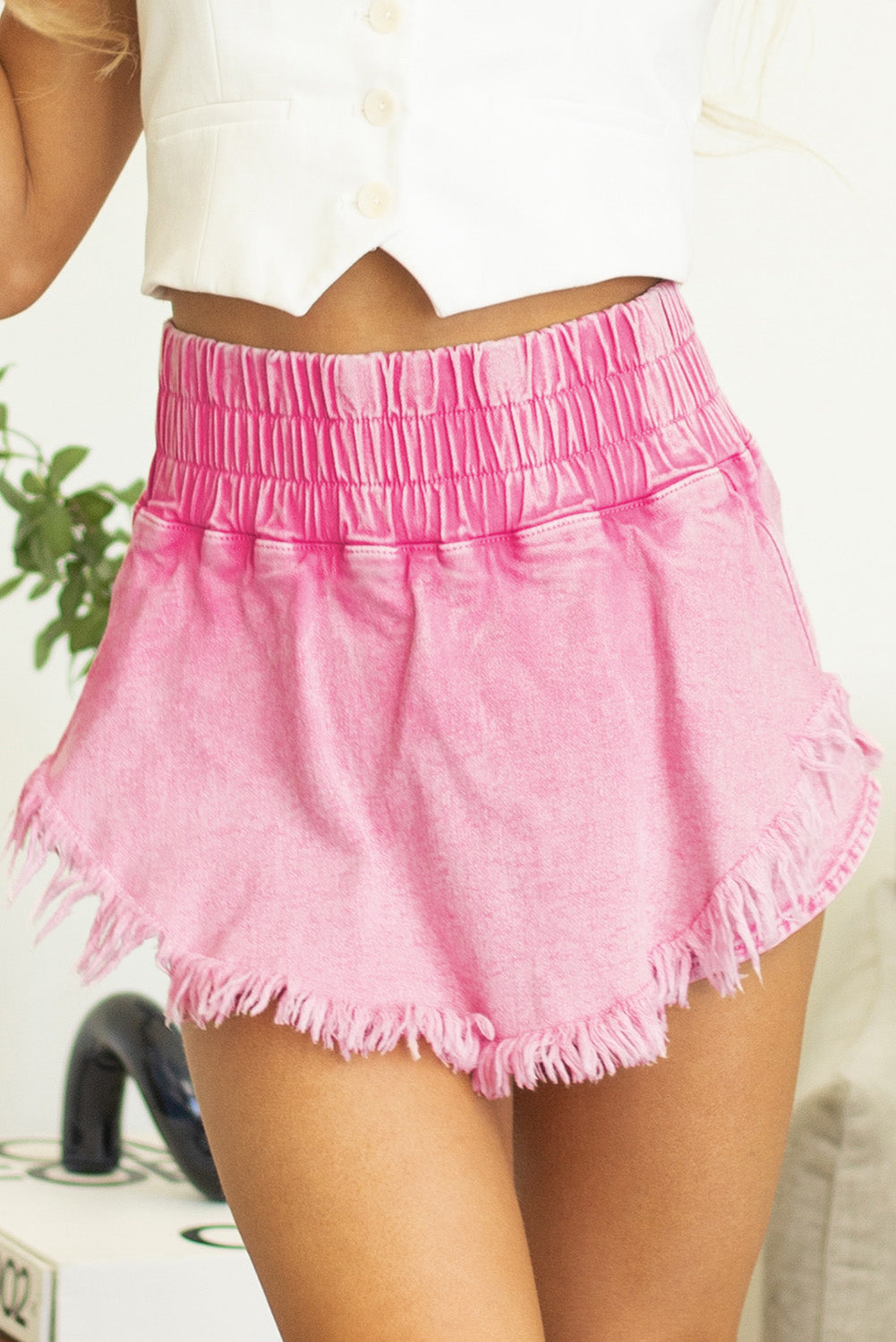 Pink Washed Wide Smocked Waistband Frayed Denim Shorts