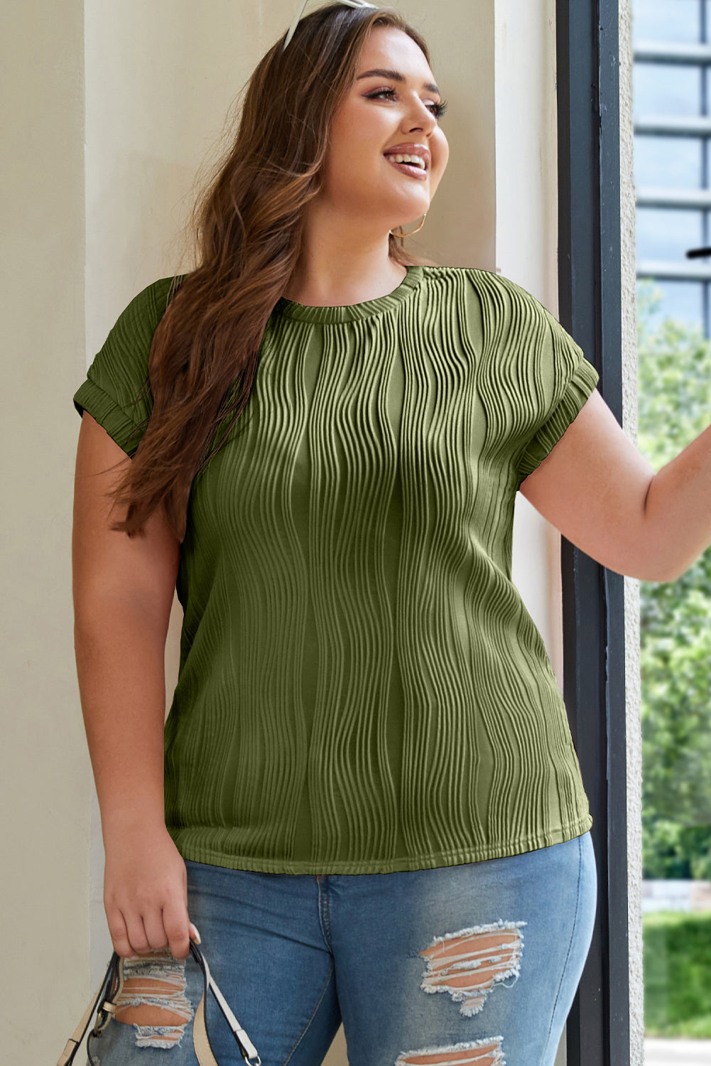 Rose Red Solid Color Wavy Textured Plus Size Tee
