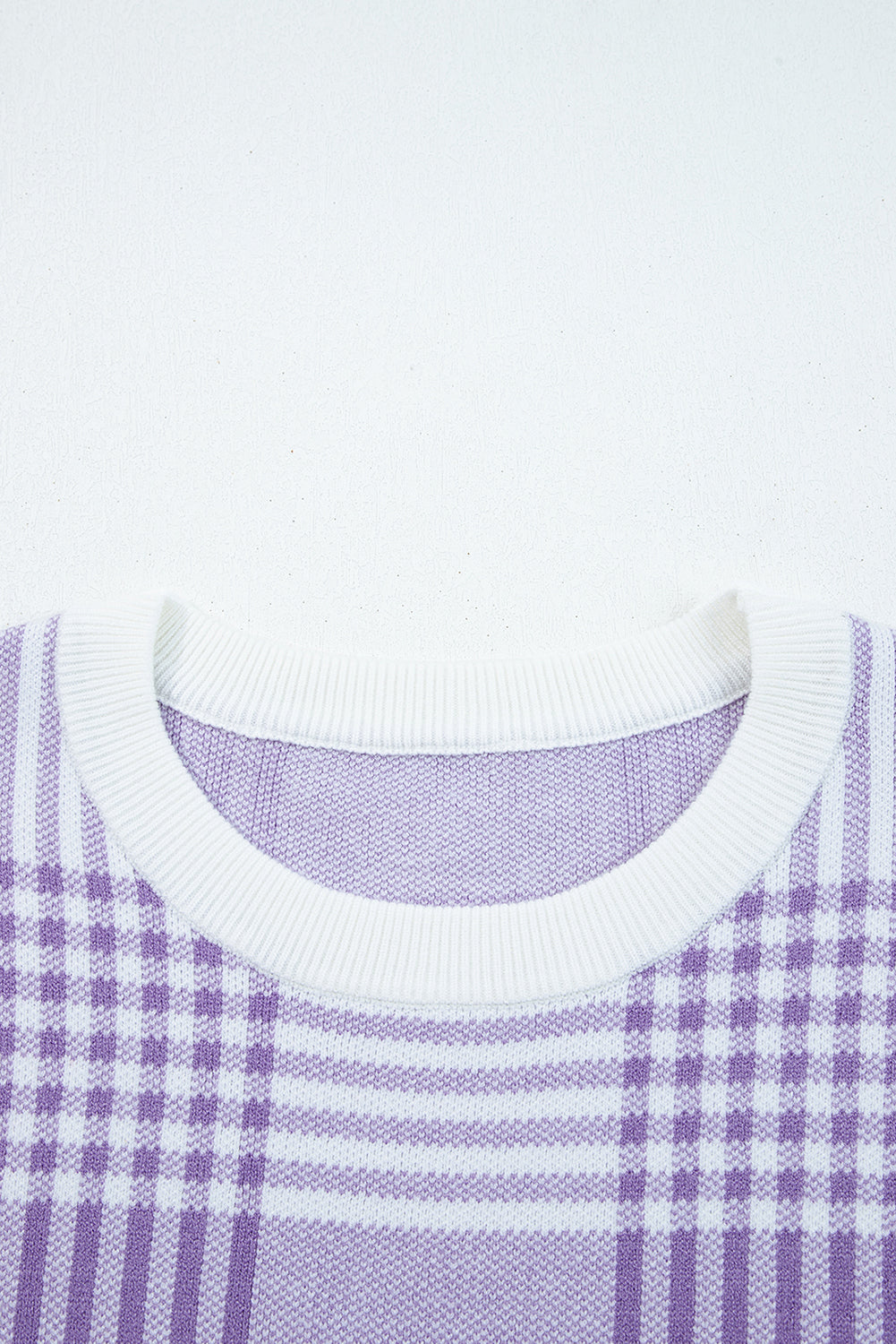 Lilac Plaid Print Ribbed Trim Loose Sweater