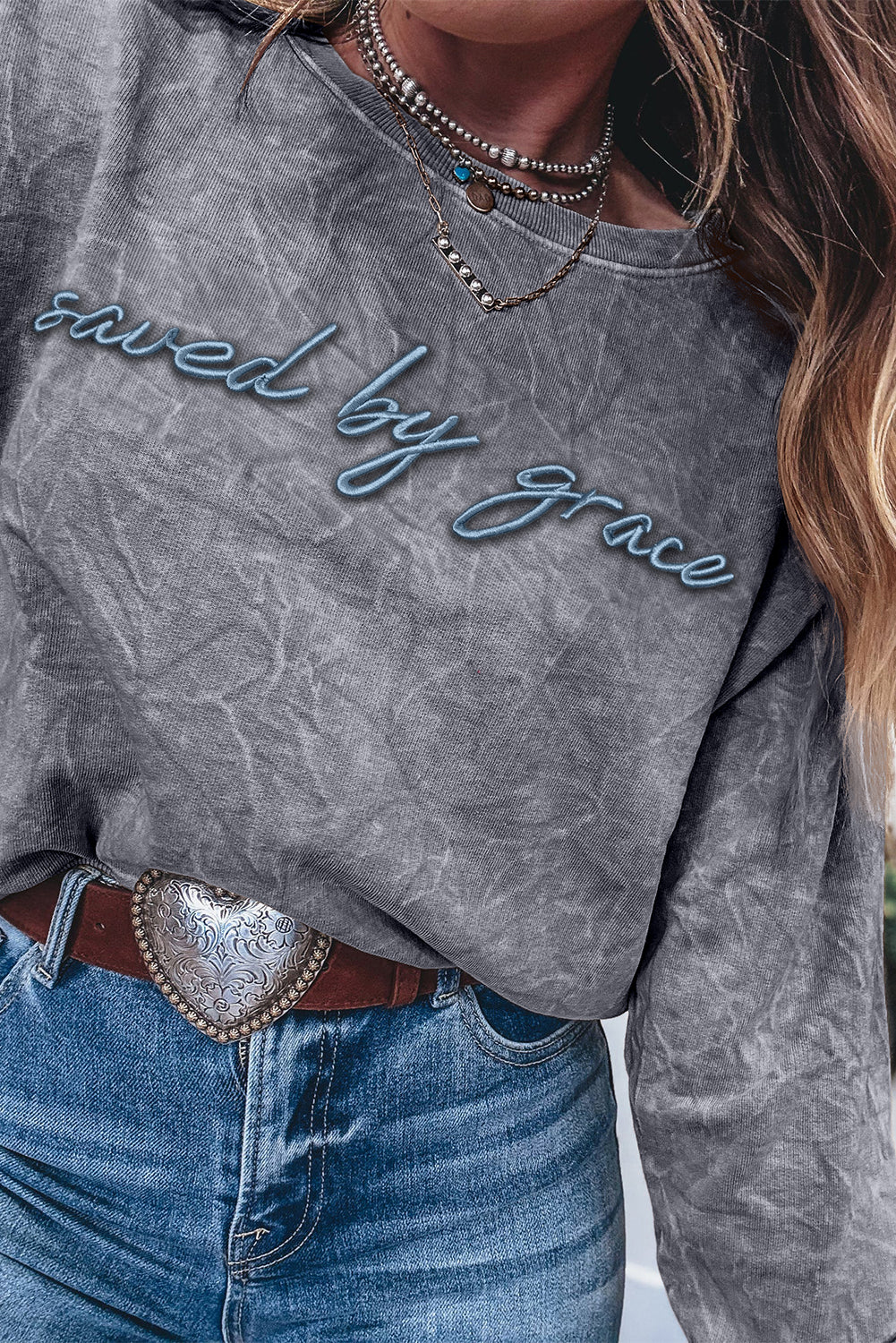 DUNE saved by grace Letter Embroidery Mineral Wash Loose Sweatshirt